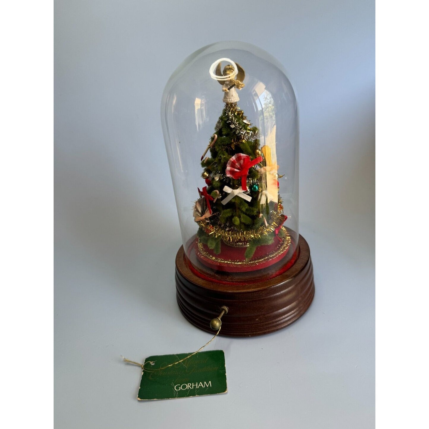 Vintage Gorham Christmas Bottle Brush Tree Domed Wood Music Box w/Tag Tannebaum