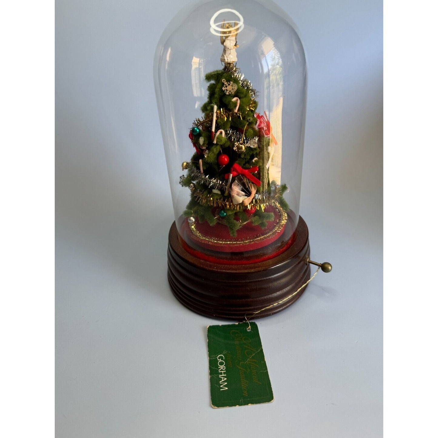 Vintage Gorham Christmas Bottle Brush Tree Domed Wood Music Box w/Tag Tannebaum