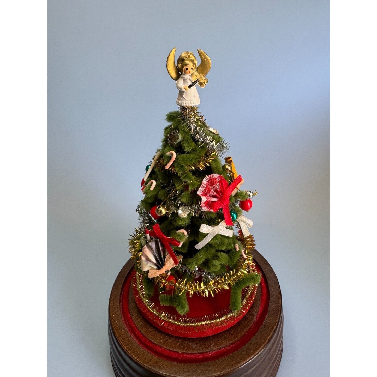 Vintage Gorham Christmas Bottle Brush Tree Domed Wood Music Box w/Tag Tannebaum