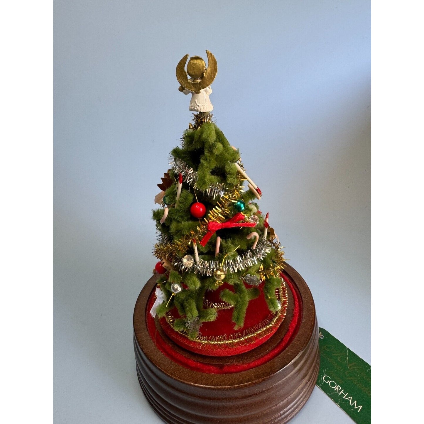 Vintage Gorham Christmas Bottle Brush Tree Domed Wood Music Box w/Tag Tannebaum