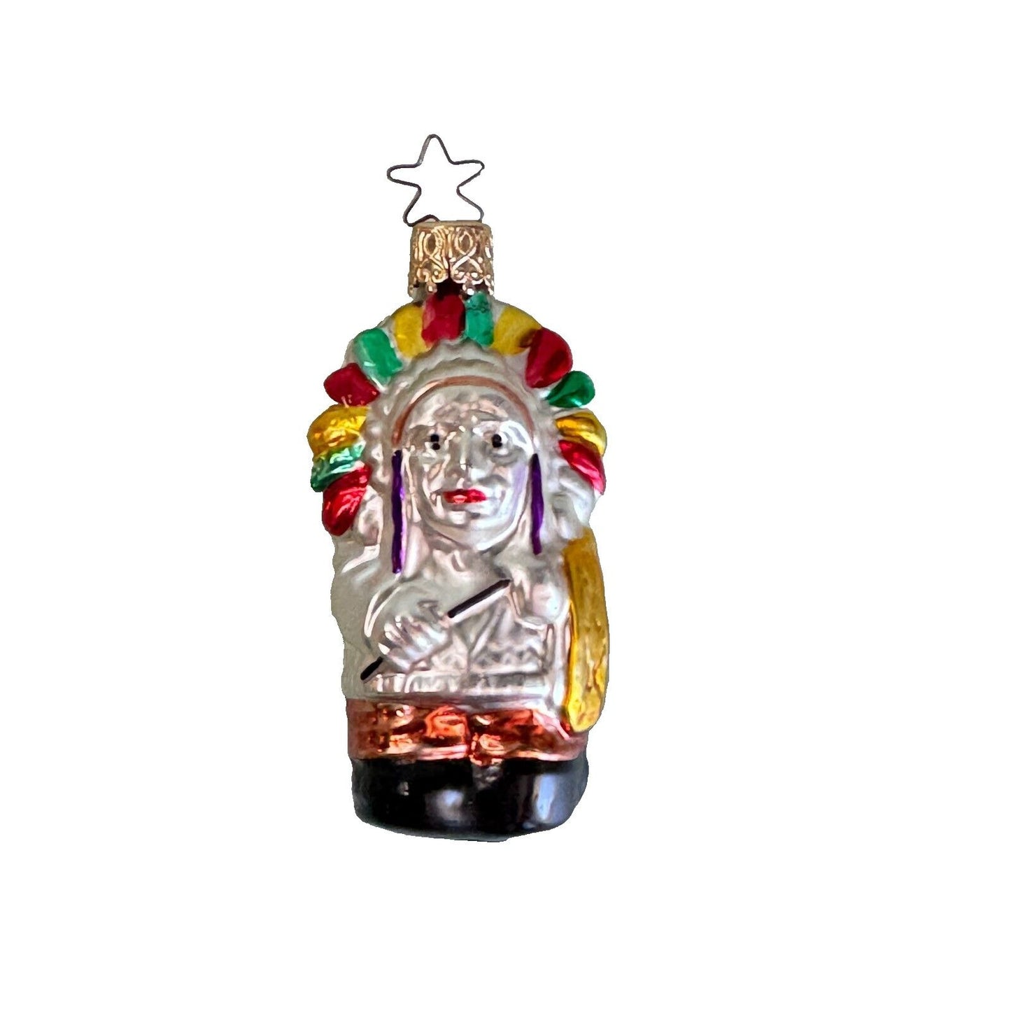 Vintage West Germany Inge Glass Chief with Head Dress Glass Christmas Ornament