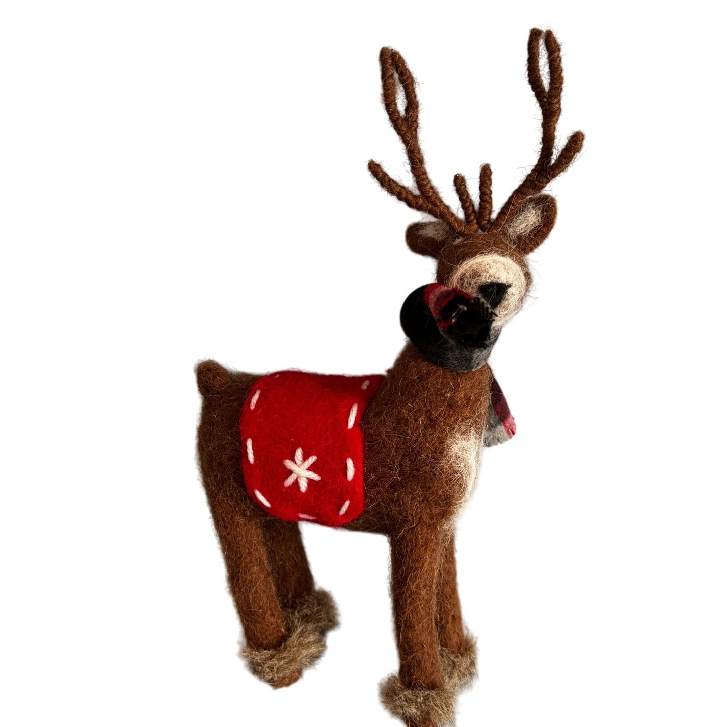 Felted Mohair Reindeer Folk Art Christmas Figure Red Blanket 12½"
