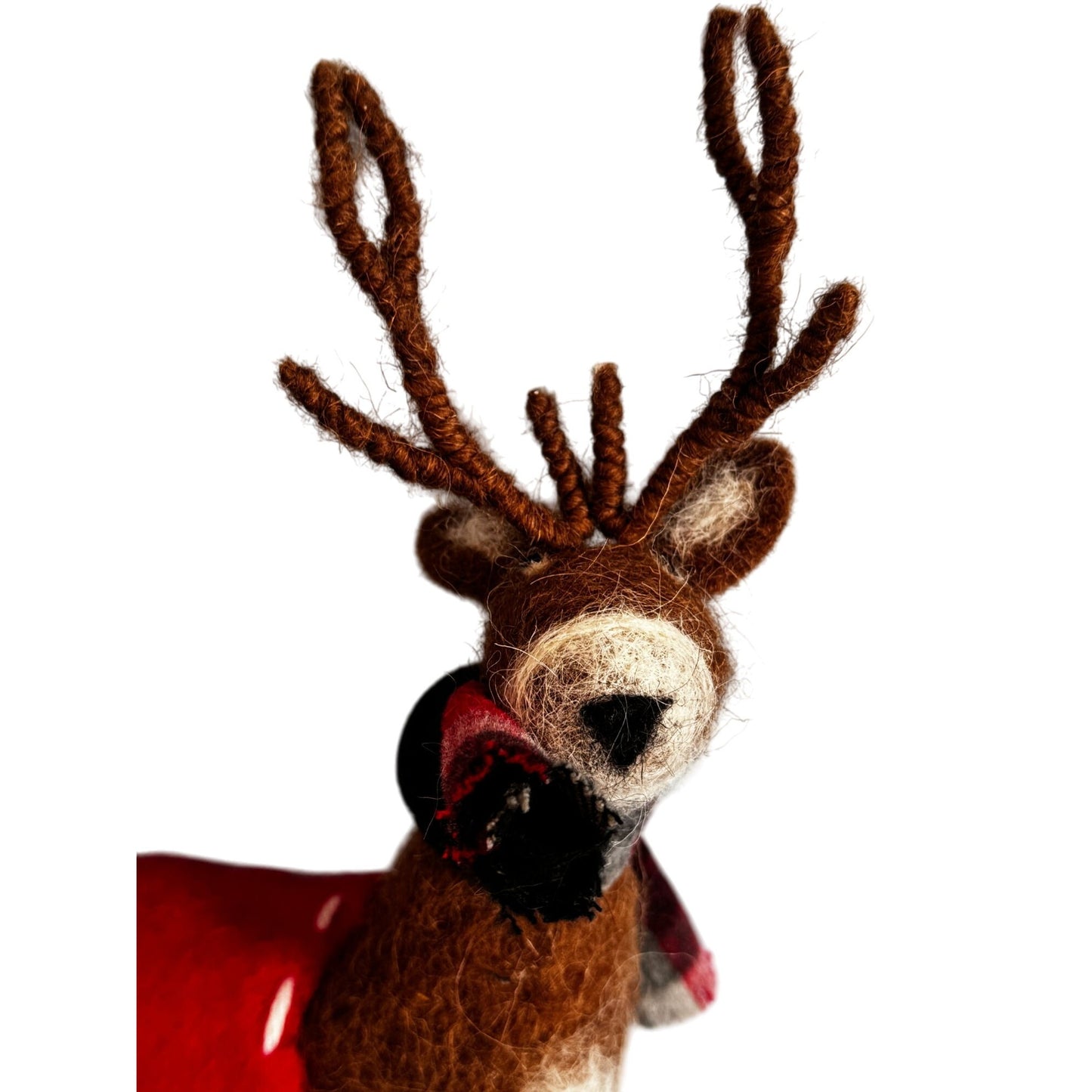 Felted Mohair Reindeer Folk Art Christmas Figure Red Blanket 12½"