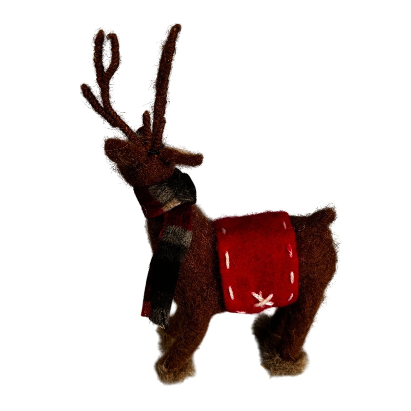 Felted Mohair Reindeer Folk Art Christmas Figure Red Blanket 12½"