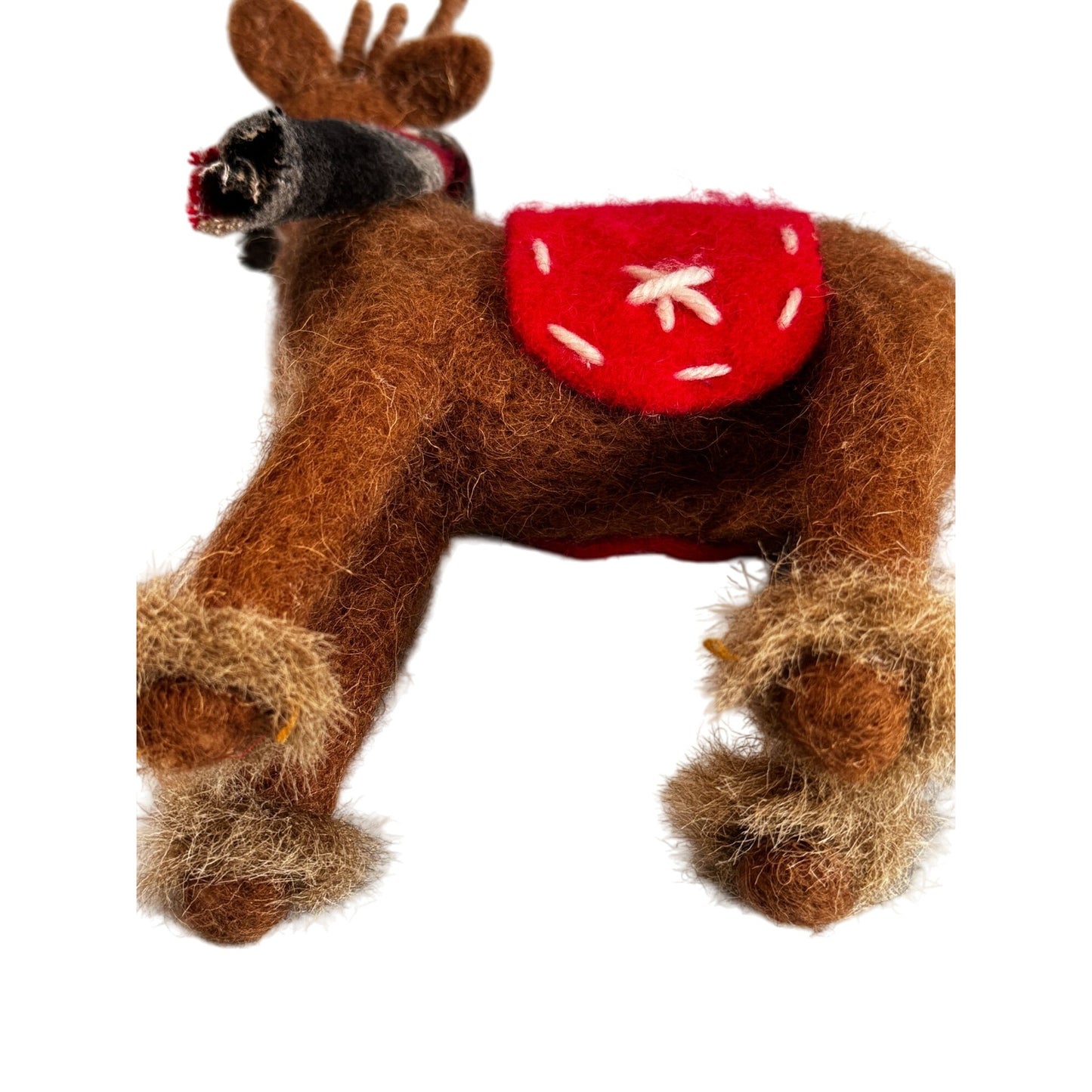 Felted Mohair Reindeer Folk Art Christmas Figure Red Blanket 12½"
