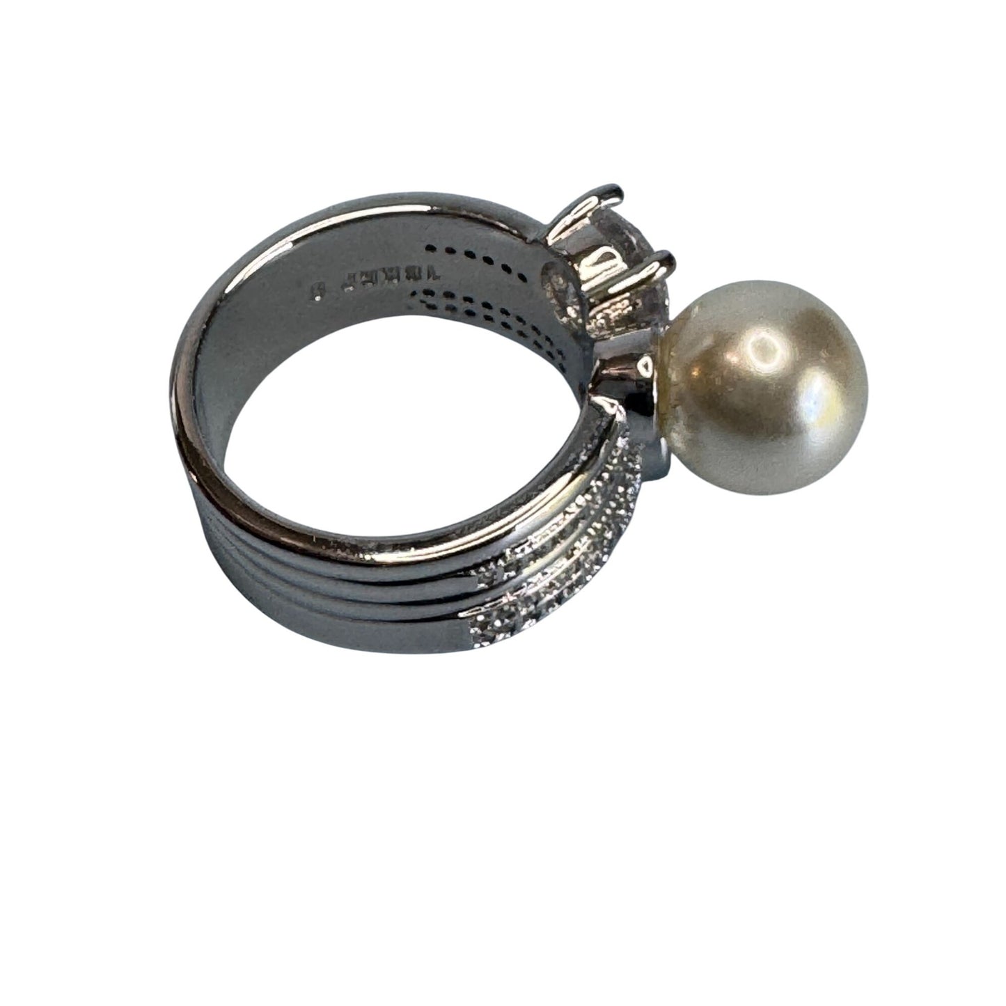 Womens Size 8 18K GP Silver Ring With Pearl & Cubic Zirconia Stones