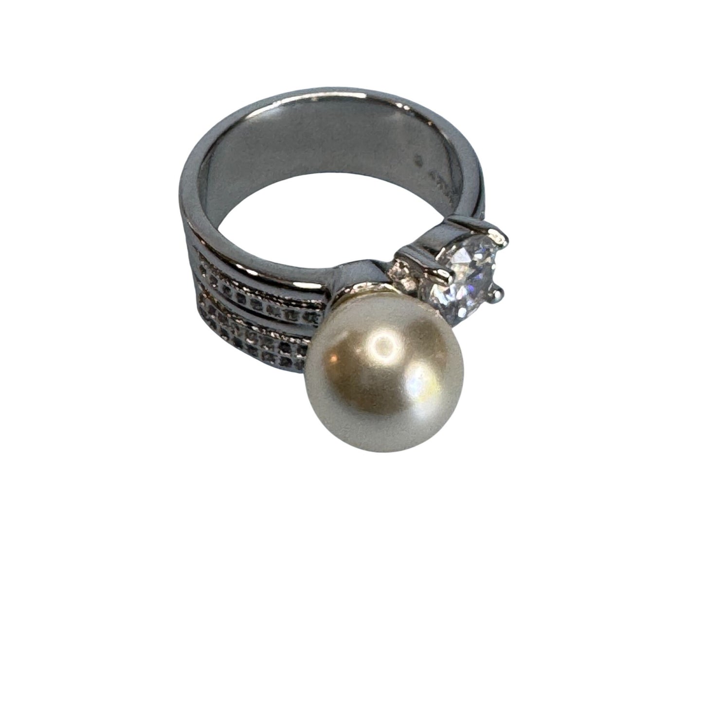 Womens Size 8 18K GP Silver Ring With Pearl & Cubic Zirconia Stones