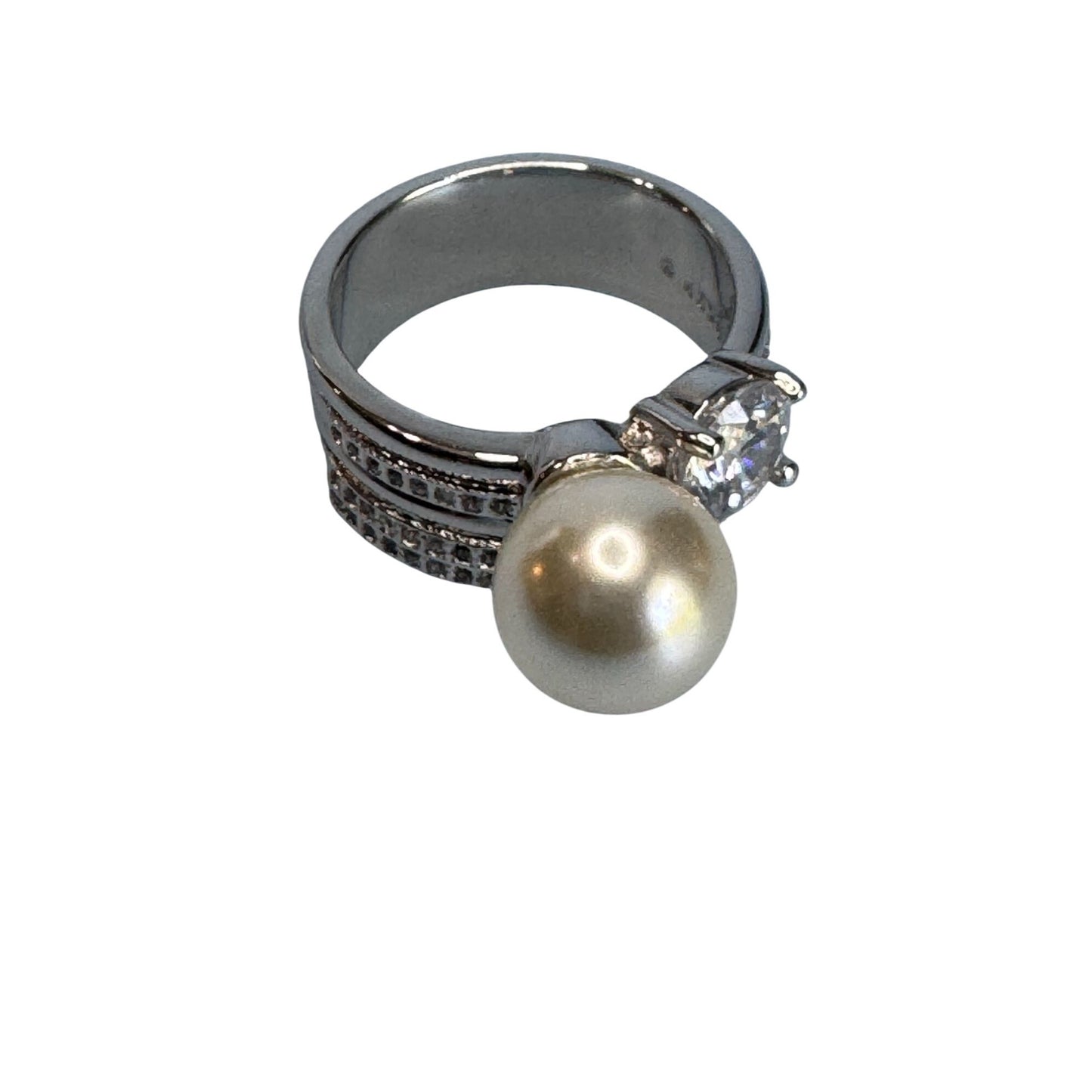 Womens Size 8 18K GP Silver Ring With Pearl & Cubic Zirconia Stones