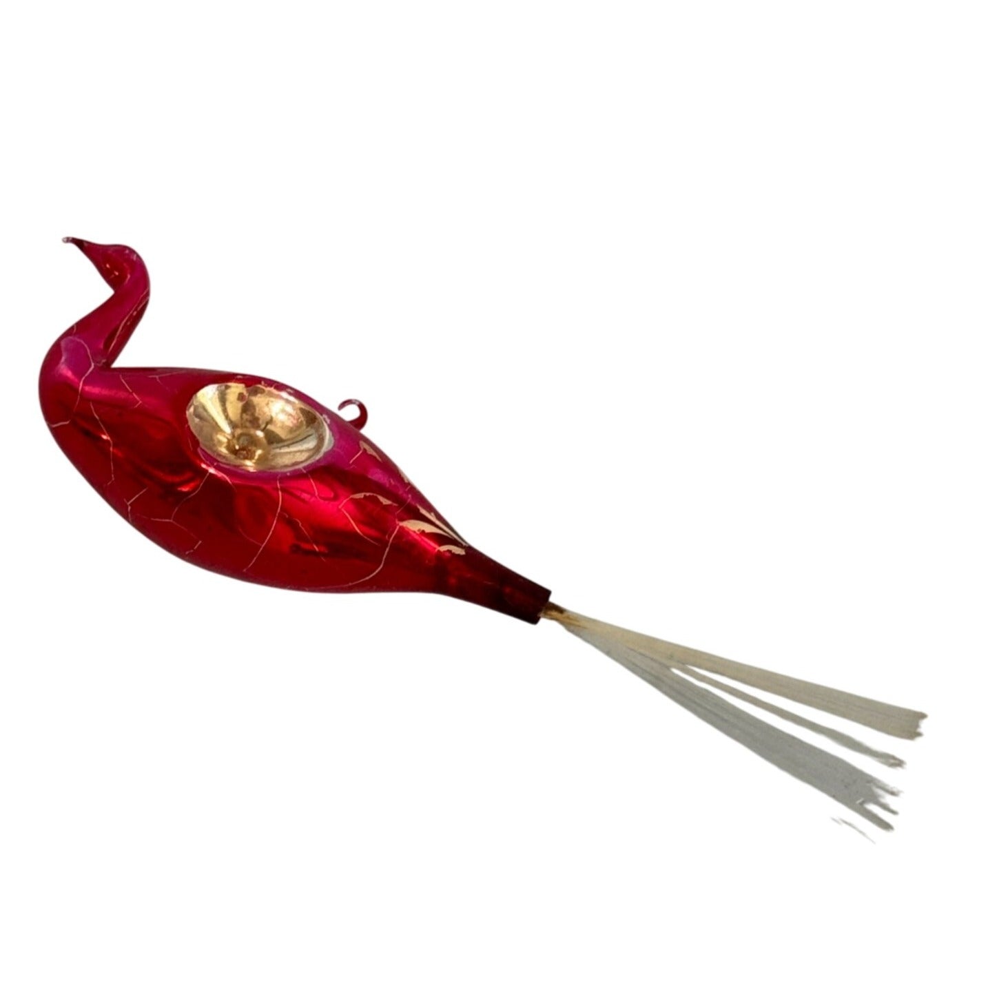 Antique Lauscha Glass Bird Ornament Red Reflector Spun Glass Tail 1930s–40s Germany