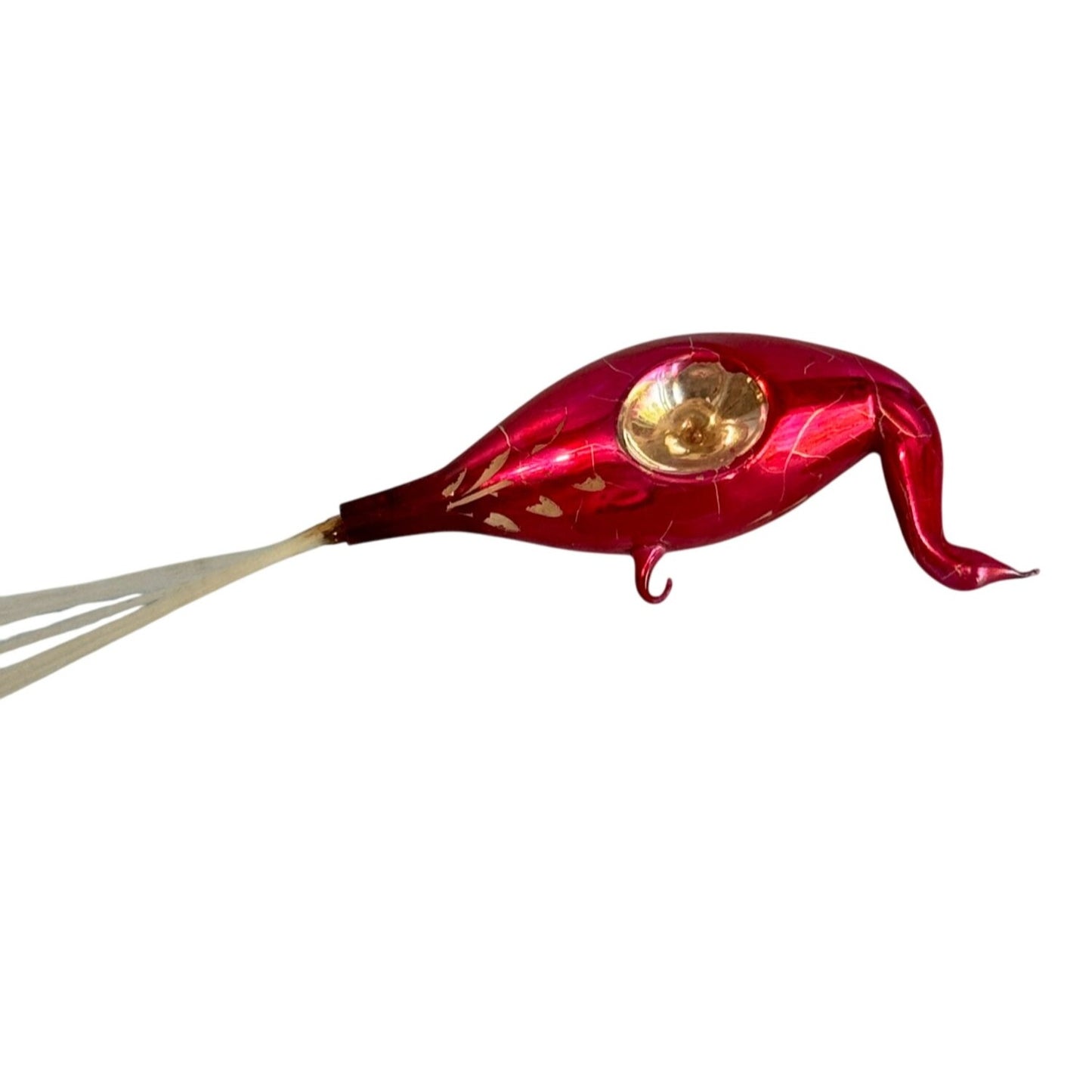 Antique Lauscha Glass Bird Ornament Red Reflector Spun Glass Tail 1930s–40s Germany