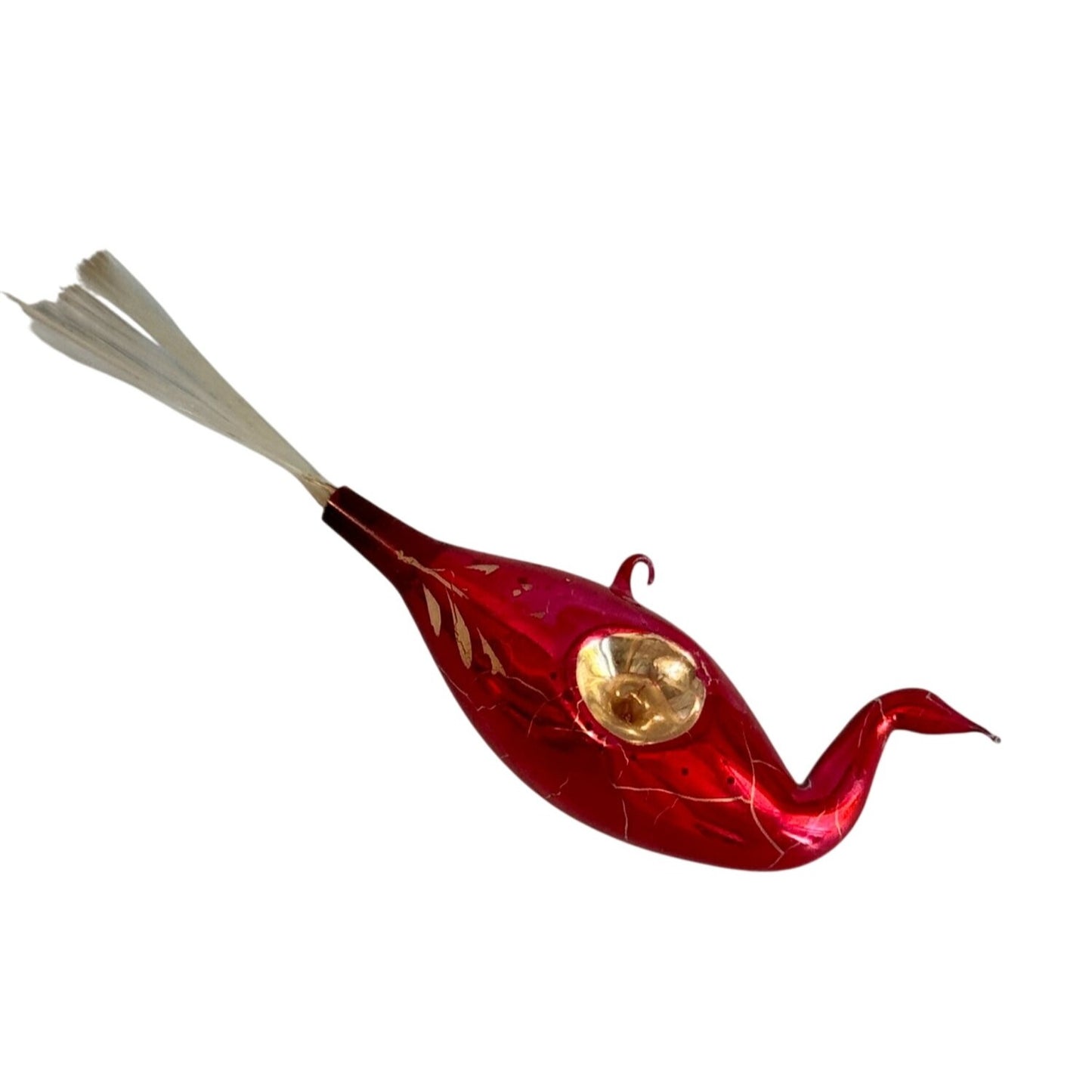 Antique Lauscha Glass Bird Ornament Red Reflector Spun Glass Tail 1930s–40s Germany