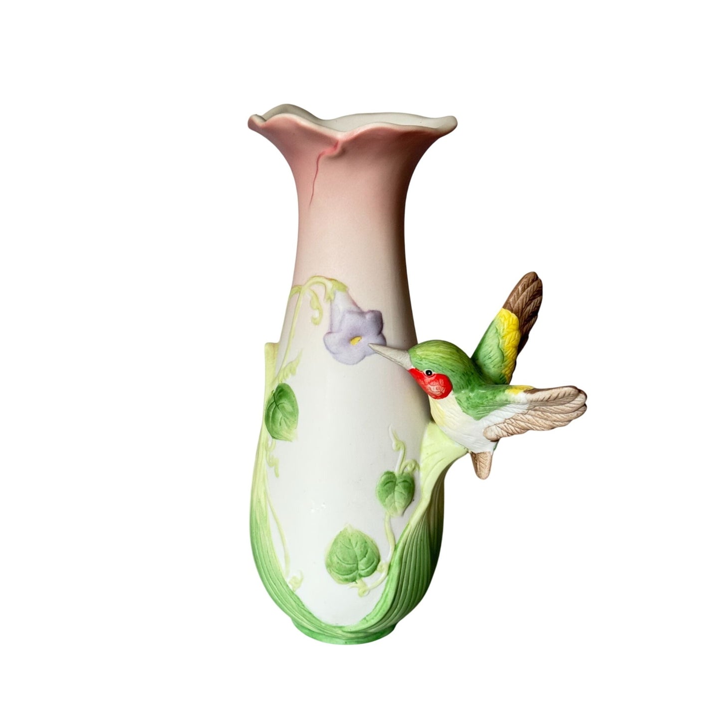 Vintage Enesco Ceramic Vase With Hummingbird & Morning Glory Flowers 6.25"