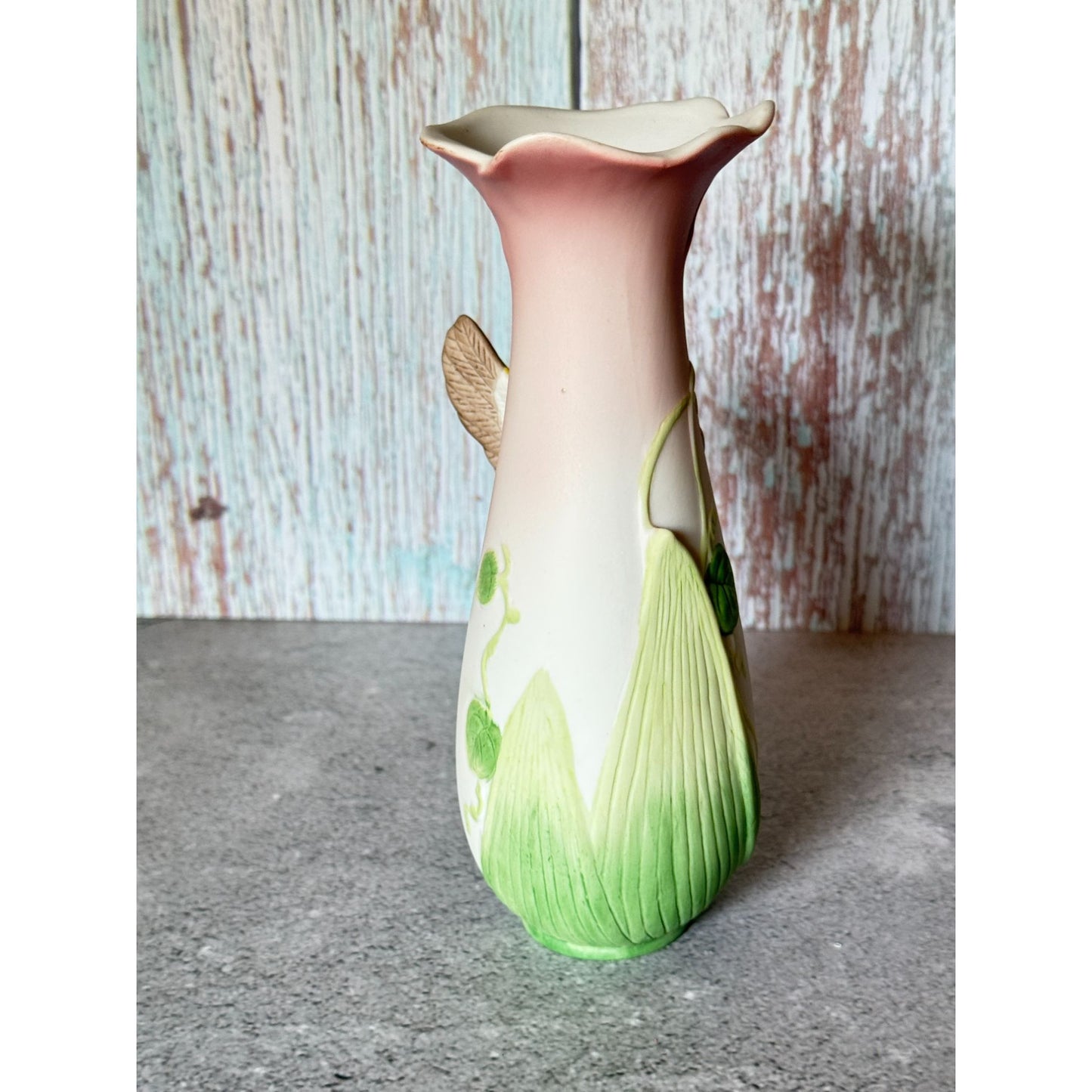 Vintage Enesco Ceramic Vase With Hummingbird & Morning Glory Flowers 6.25"