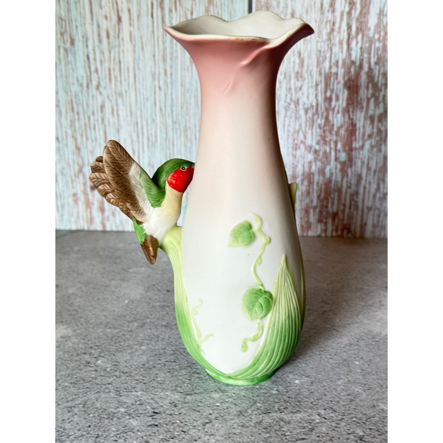 Vintage Enesco Ceramic Vase With Hummingbird & Morning Glory Flowers 6.25"