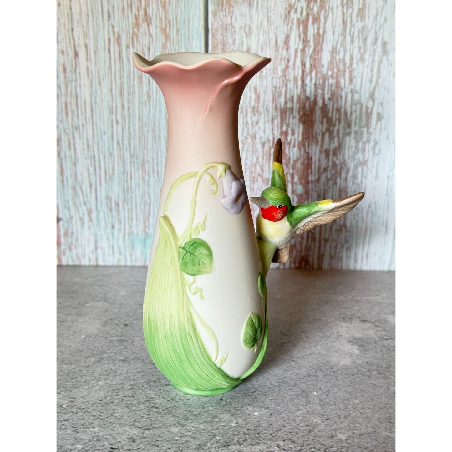 Vintage Enesco Ceramic Vase With Hummingbird & Morning Glory Flowers 6.25"
