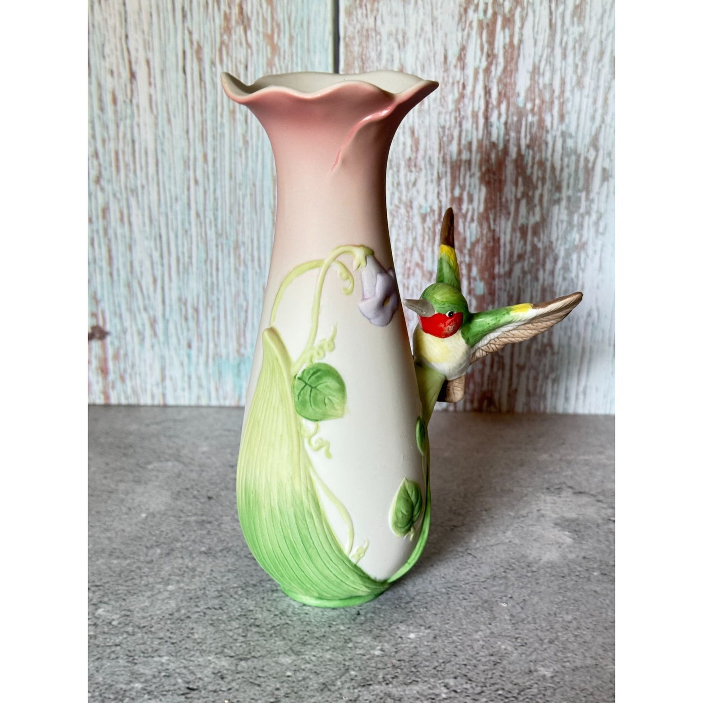 Vintage Enesco Ceramic Vase With Hummingbird & Morning Glory Flowers 6.25"