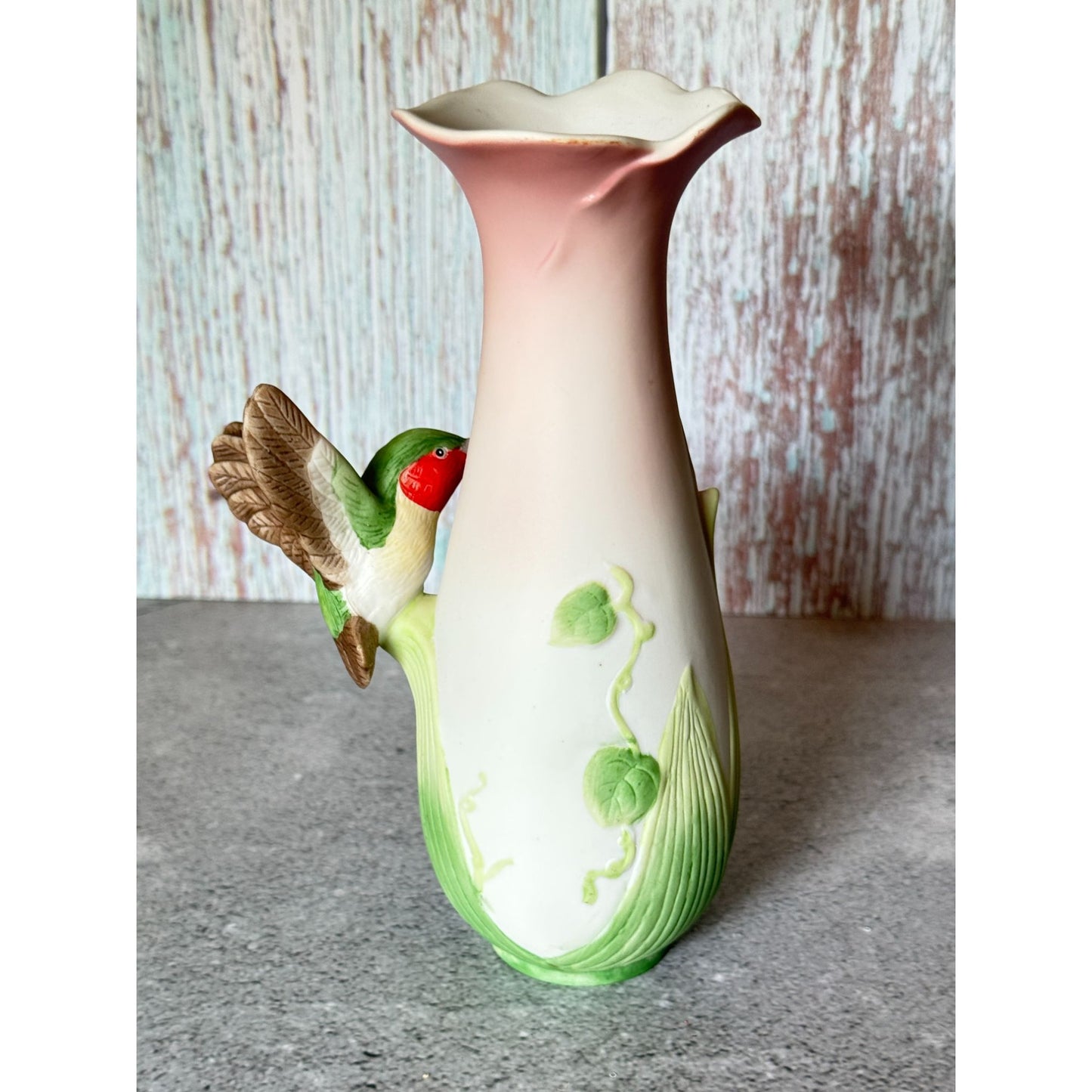 Vintage Enesco Ceramic Vase With Hummingbird & Morning Glory Flowers 6.25"