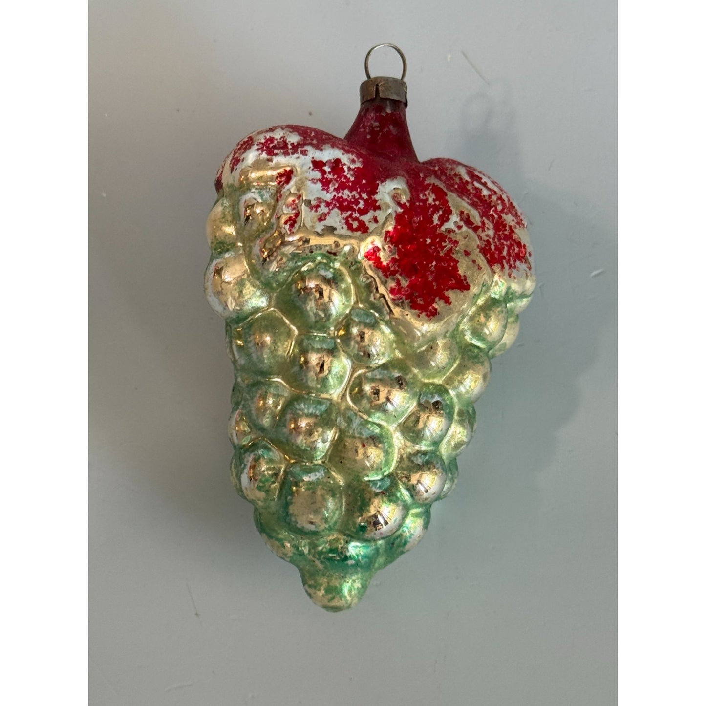 Vintage German Glass Ornament Grape Cluster Red Green Silver 3.5 Inches
