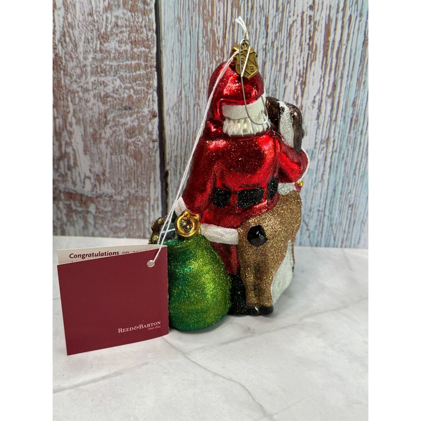 Reed Barton Santa and Reindeer Christmas Reflections Europeon Glass Ornament