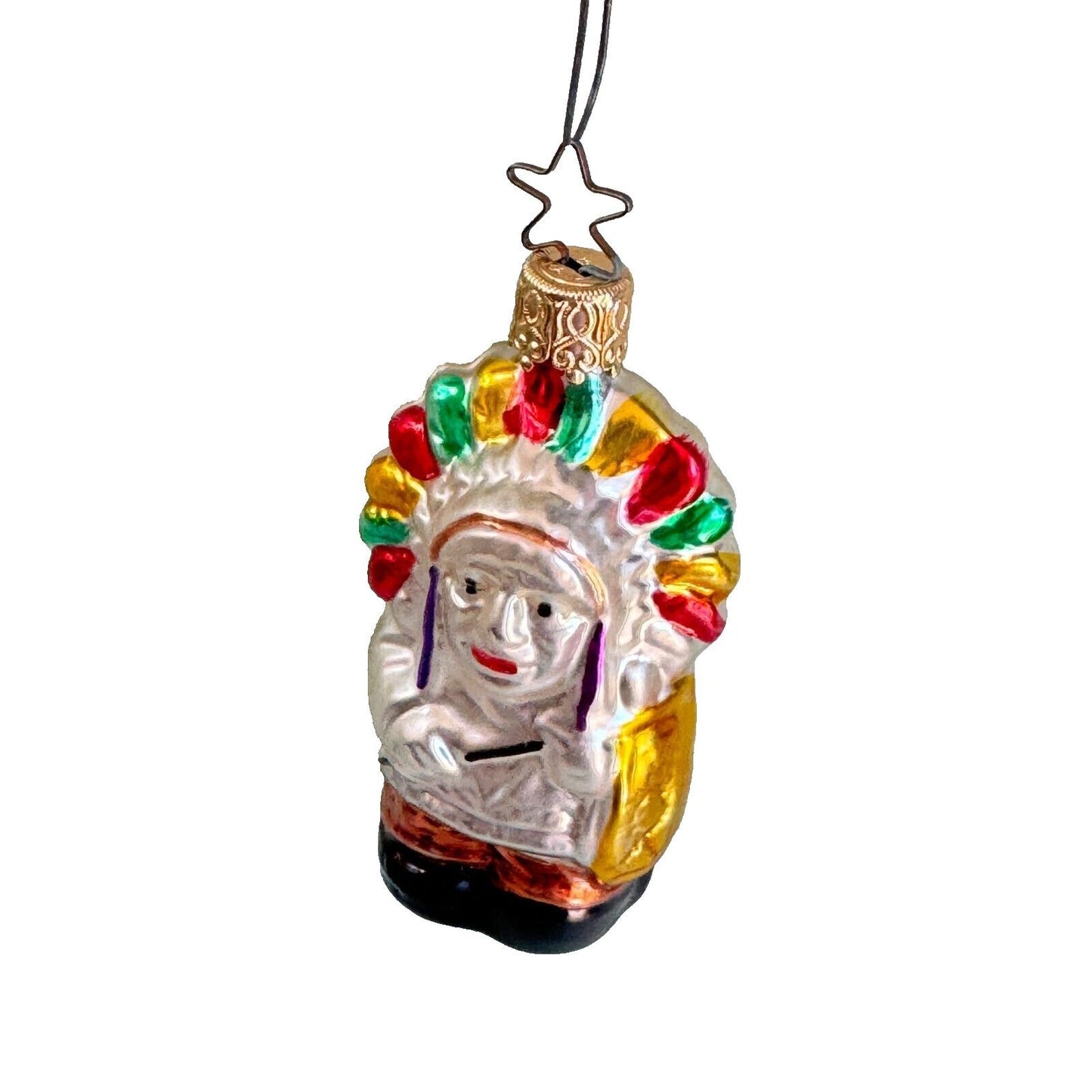 Vintage West Germany Inge Glass Chief with Head Dress Glass Christmas Ornament