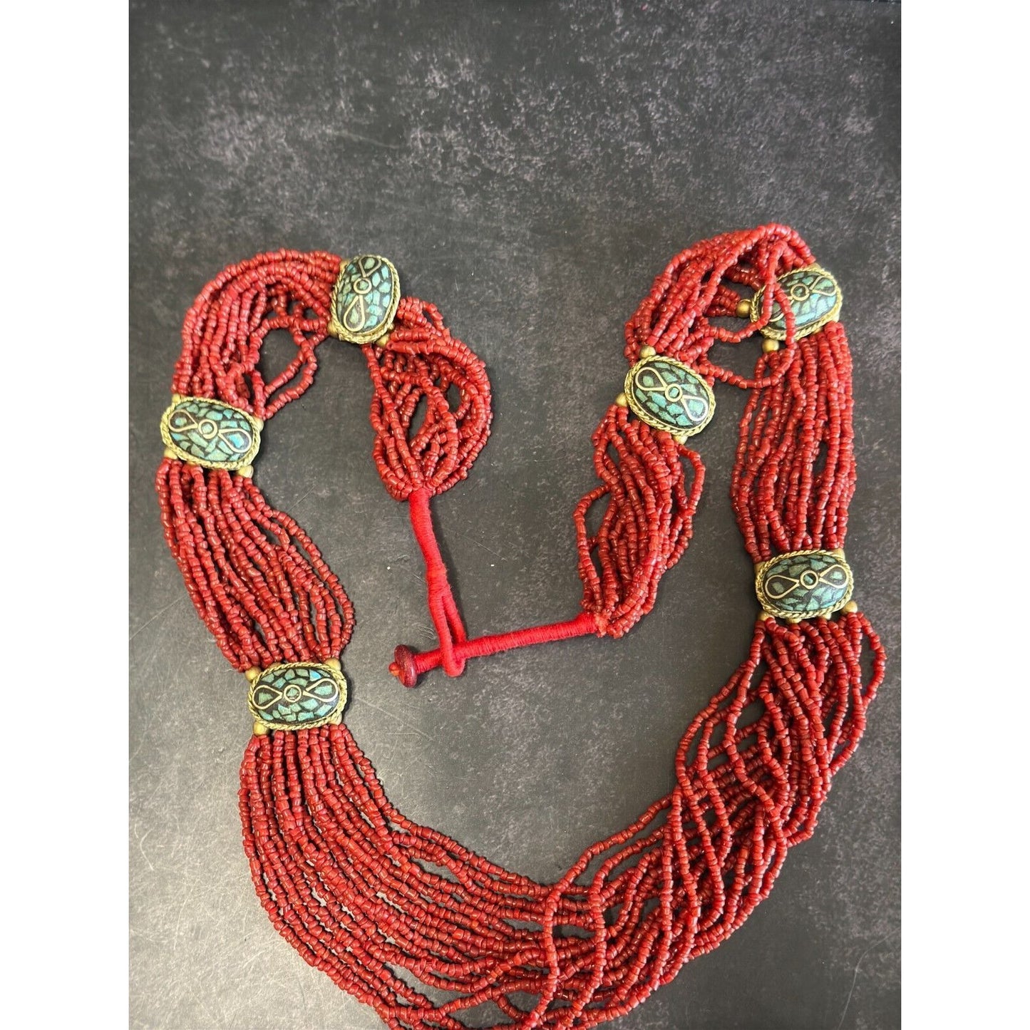 Tibetan Multi Strand Bamboo Coral Bead w/Turquoise Mosaic Inlaid Accent Necklace