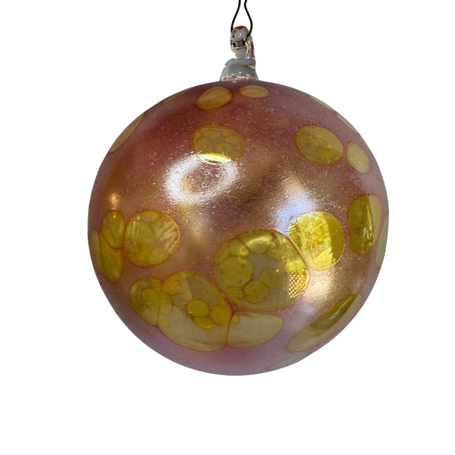 Hand-Blown Glass Spirit Ornament Pink Iridescent Yellow Bubbles 3 3/4"