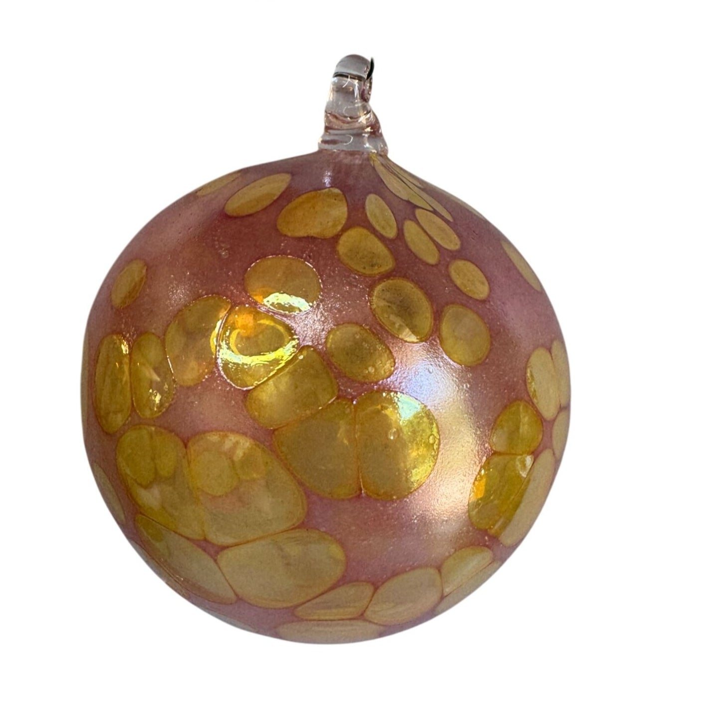 Hand-Blown Glass Spirit Ornament Pink Iridescent Yellow Bubbles 3 3/4"
