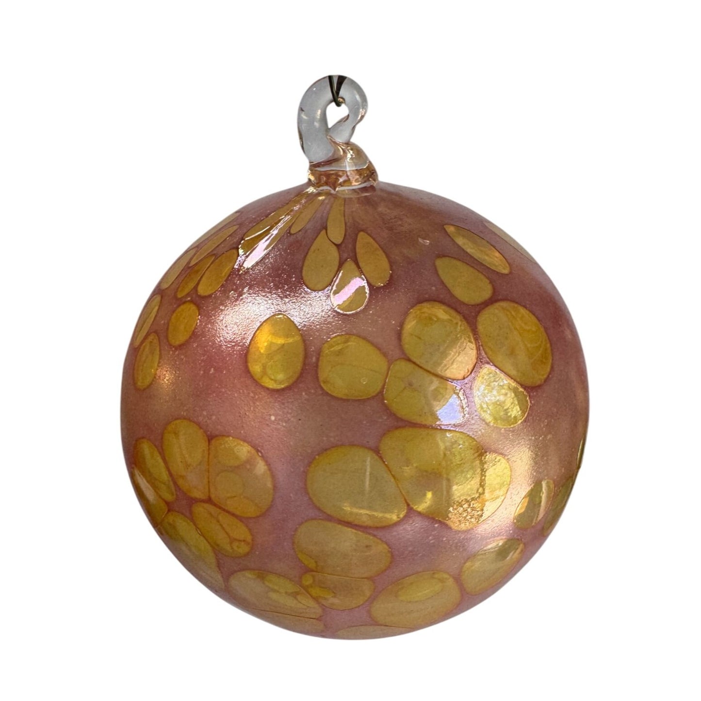 Hand-Blown Glass Spirit Ornament Pink Iridescent Yellow Bubbles 3 3/4"