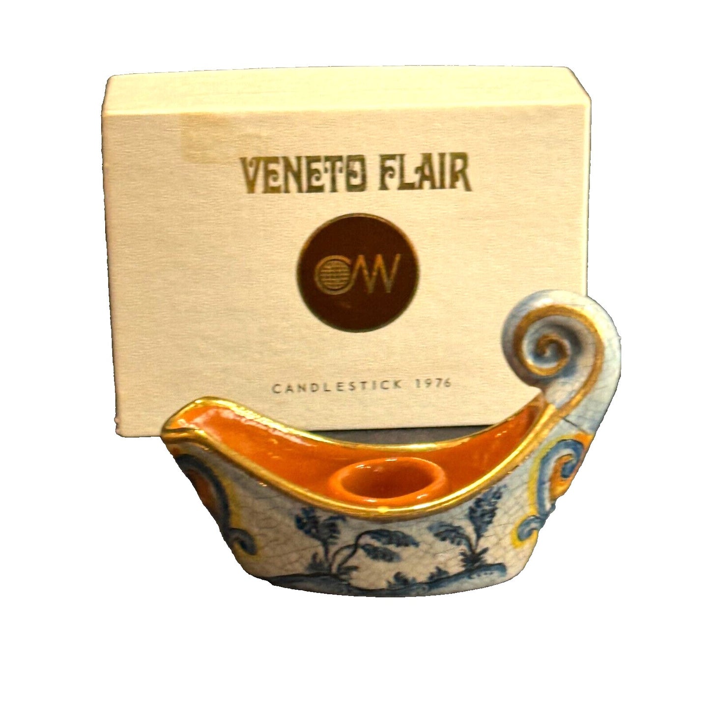 Vintage Veneto Flair Candlestick Signed 1976 Italian Ceramic Scroll Design