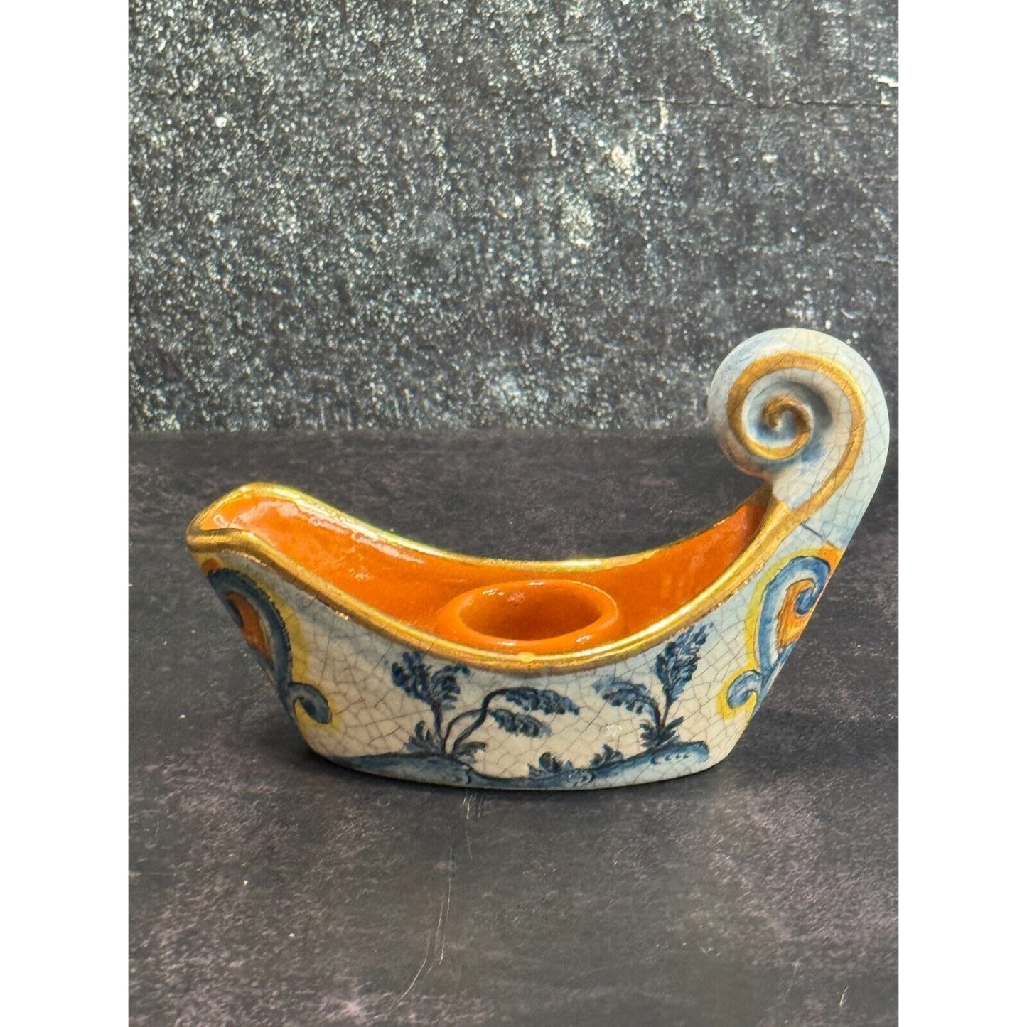 Vintage Veneto Flair Candlestick Signed 1976 Italian Ceramic Scroll Design