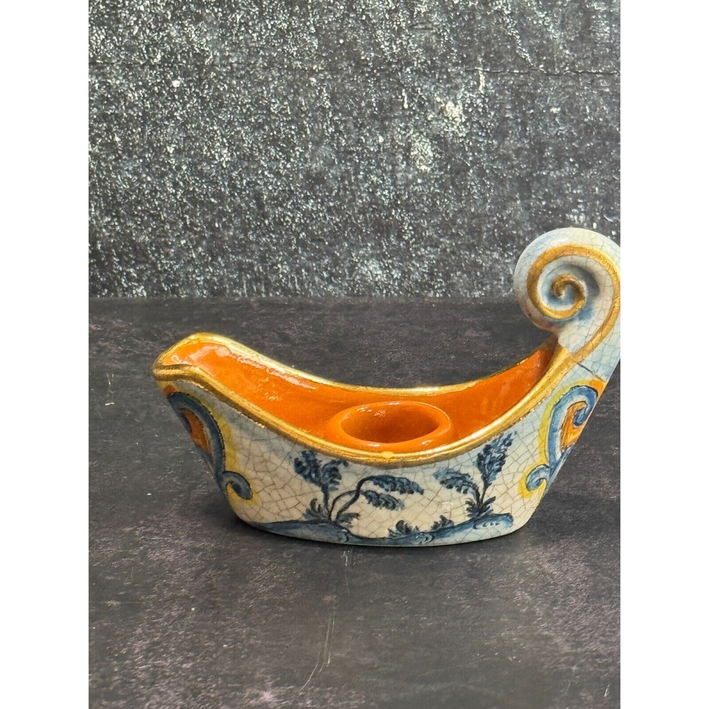 Vintage Veneto Flair Candlestick Signed 1976 Italian Ceramic Scroll Design