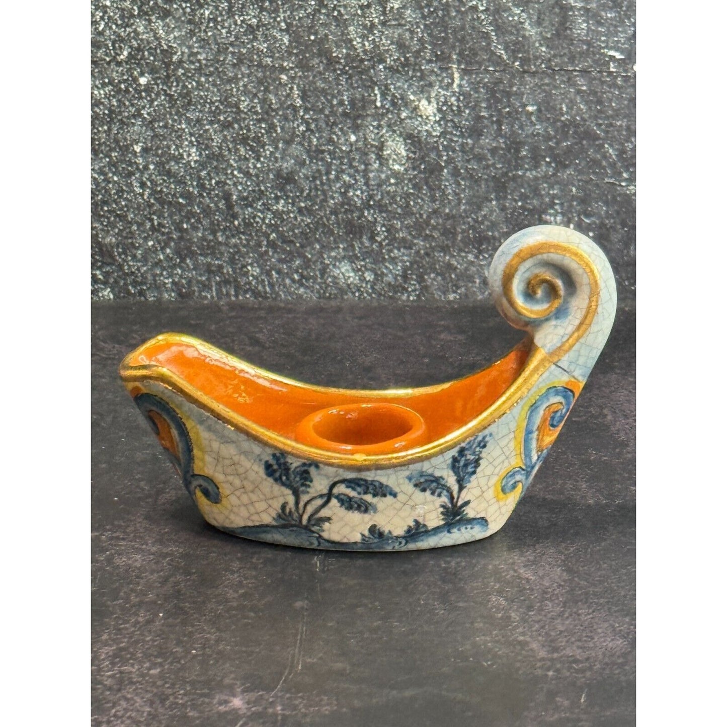 Vintage Veneto Flair Candlestick Signed 1976 Italian Ceramic Scroll Design