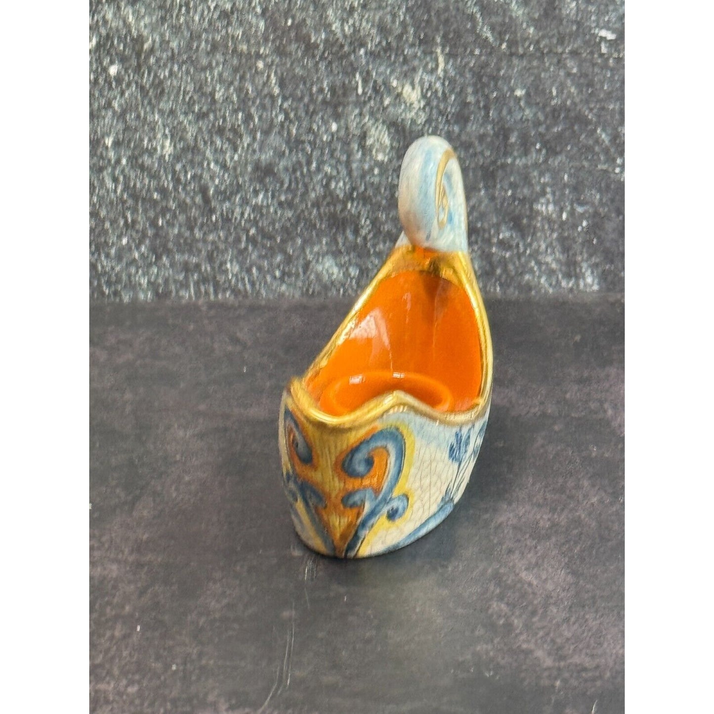 Vintage Veneto Flair Candlestick Signed 1976 Italian Ceramic Scroll Design