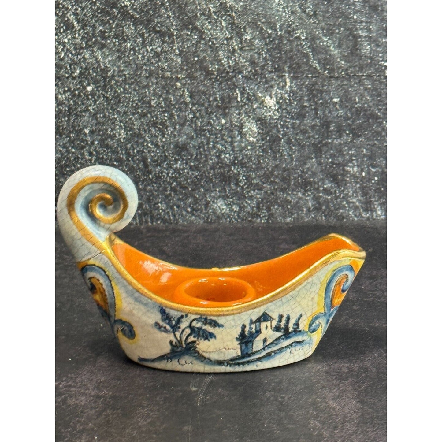 Vintage Veneto Flair Candlestick Signed 1976 Italian Ceramic Scroll Design