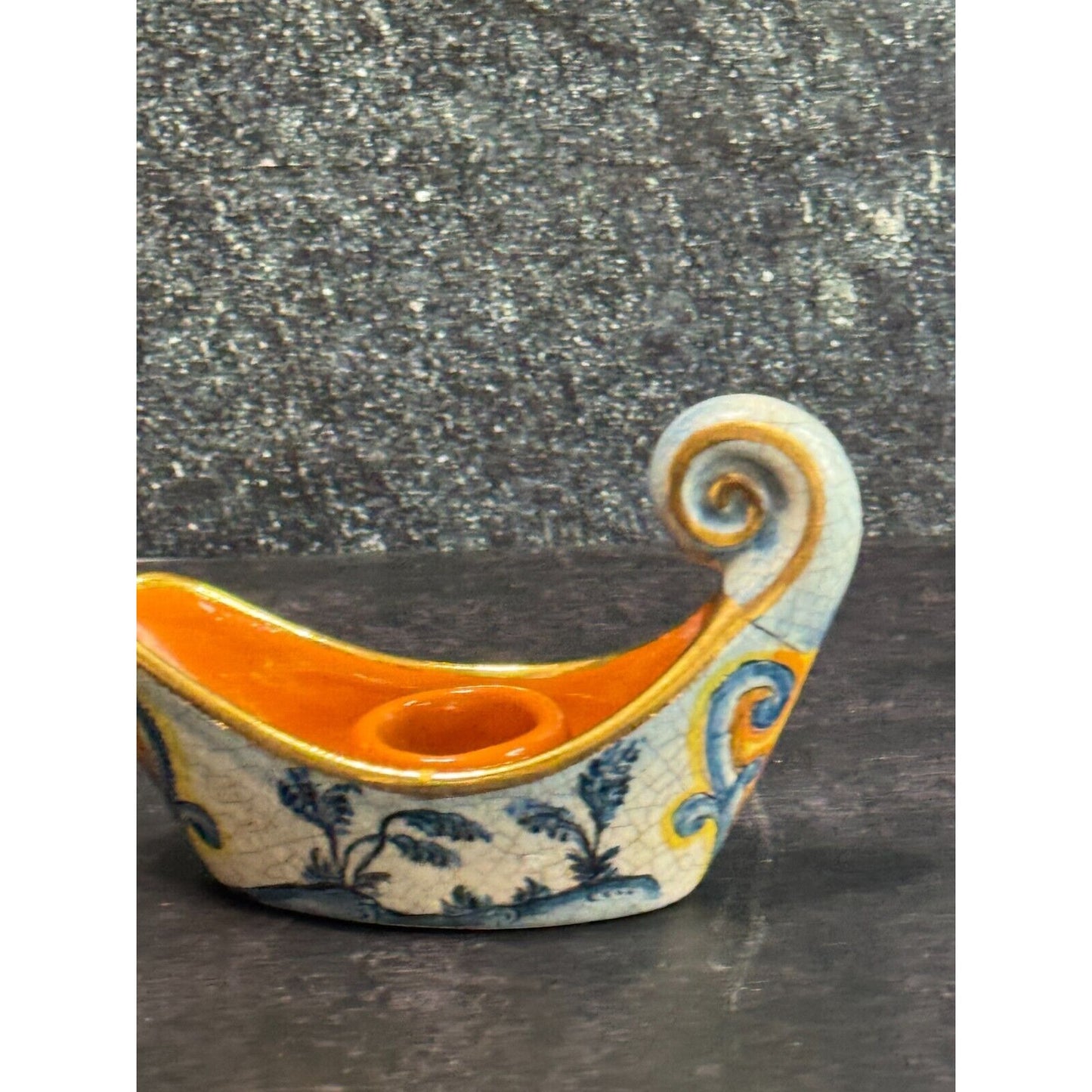 Vintage Veneto Flair Candlestick Signed 1976 Italian Ceramic Scroll Design