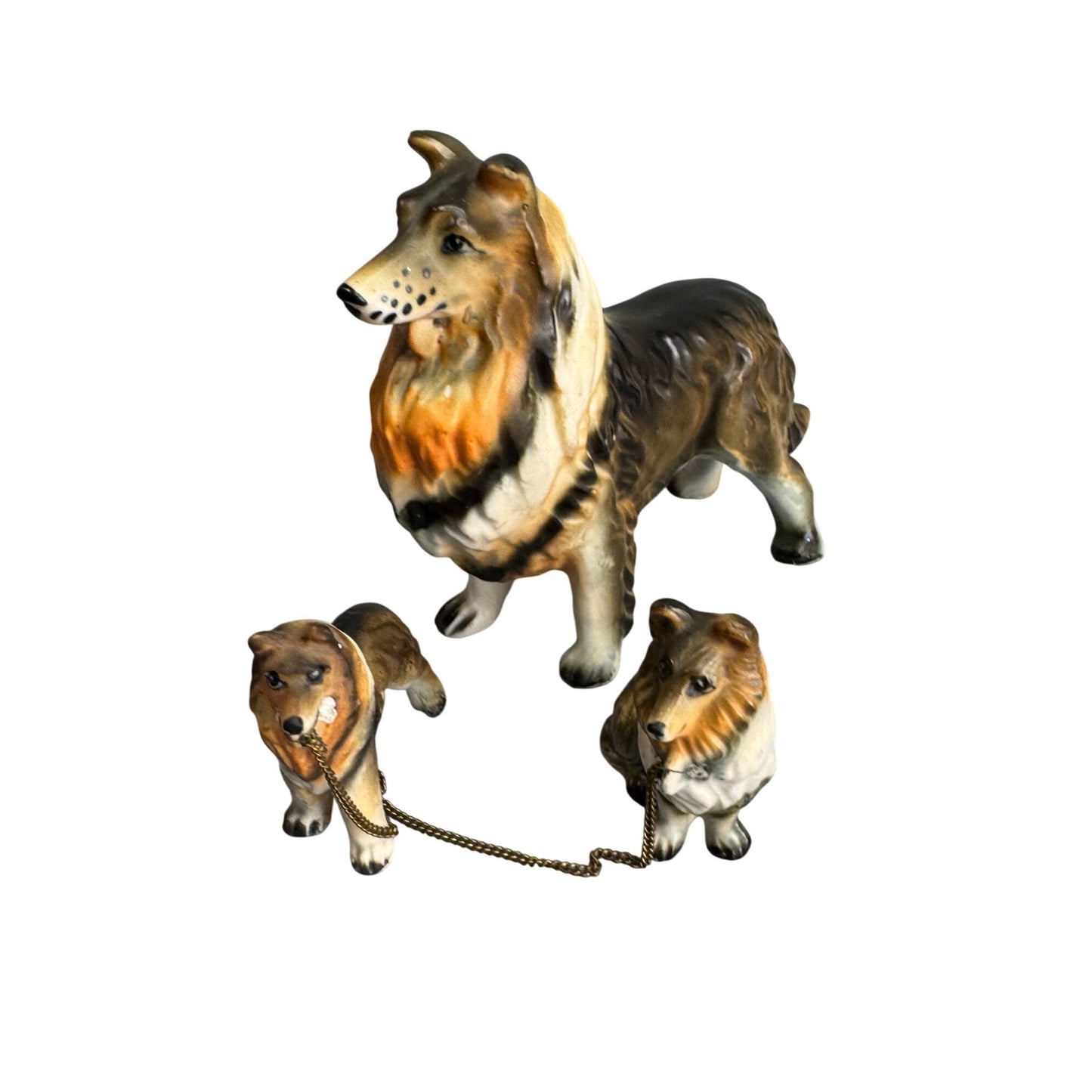 Mid Century Japan Collie/Sheltie Dog Figurines Mama 2 Puppies Chain Leash Set