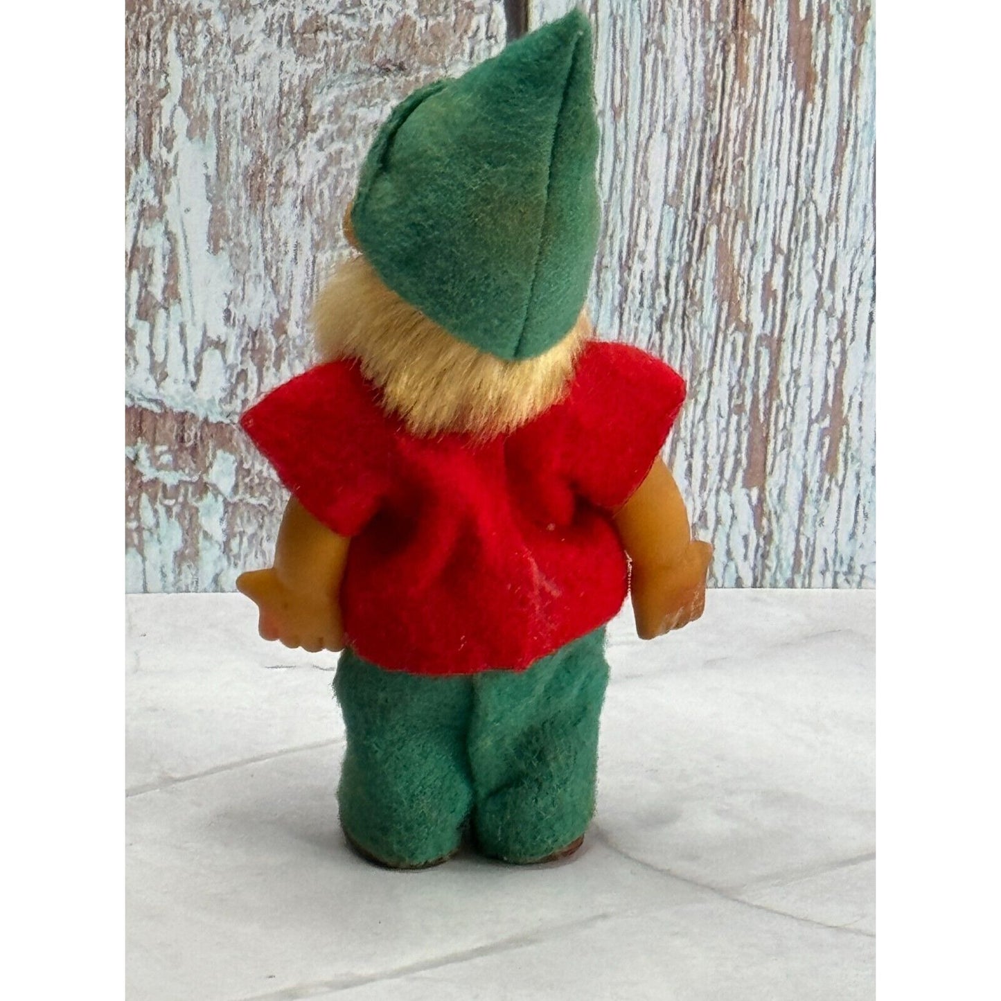 Vintage Plastic Chenille Gnome Elf with Articulated Head Arms Spun Cotton Beard