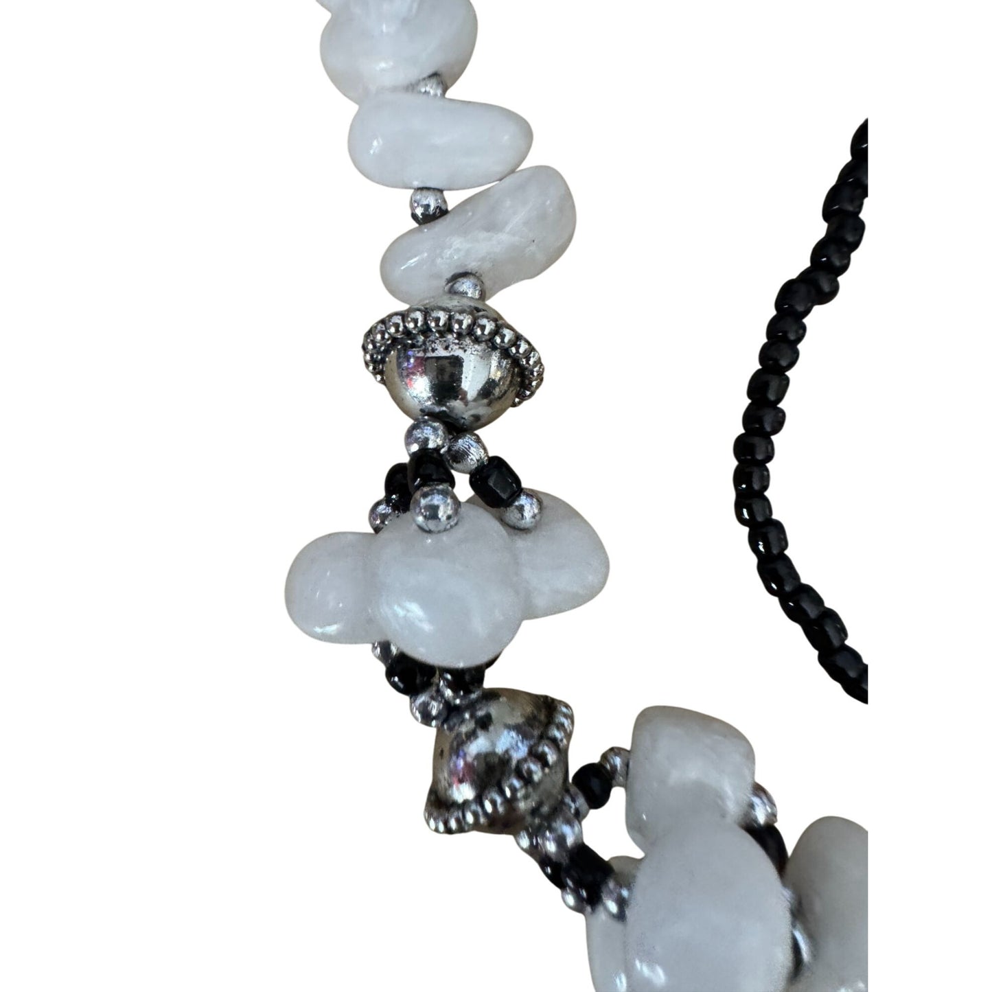 White Jade & Onyx Beaded Tibetan Necklace With Silver-Plated Pendant 21"
