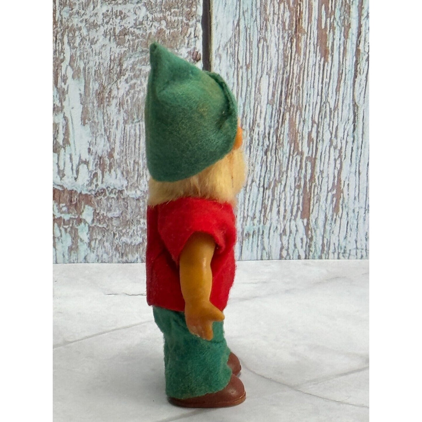 Vintage Plastic Chenille Gnome Elf with Articulated Head Arms Spun Cotton Beard