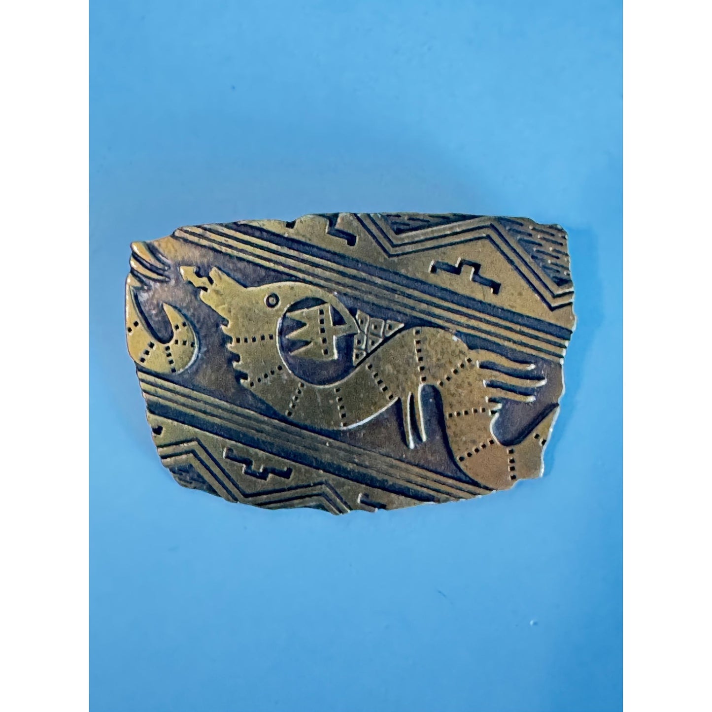 Vintage Brass Etched Tribal Dragon Design Brooch Pin by JJ 1988
