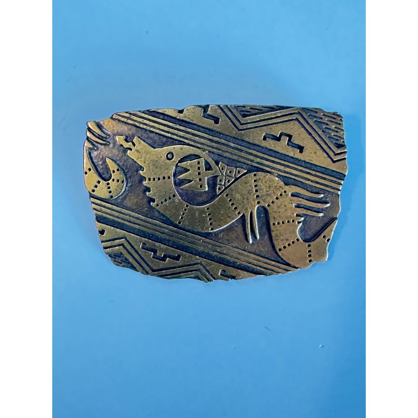 Vintage Brass Etched Tribal Dragon Design Brooch Pin by JJ 1988