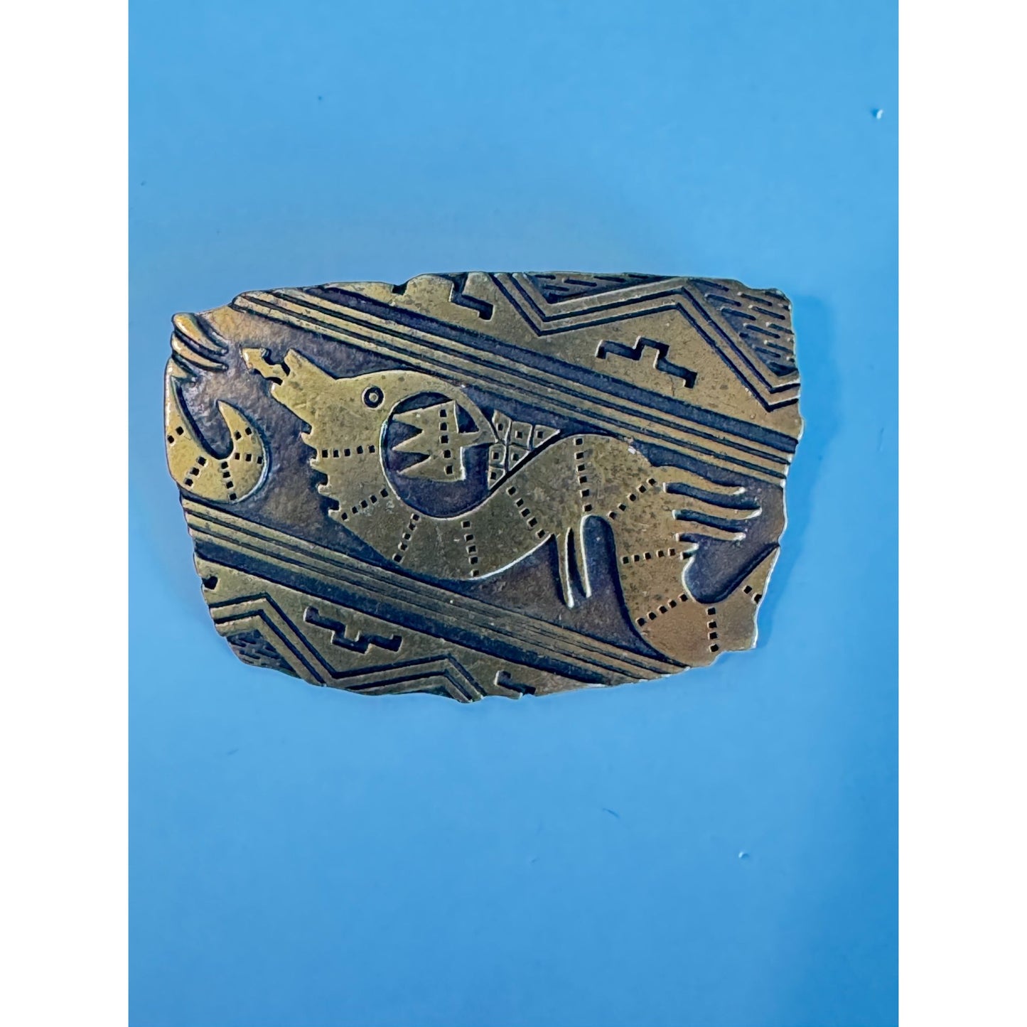 Vintage Brass Etched Tribal Dragon Design Brooch Pin by JJ 1988