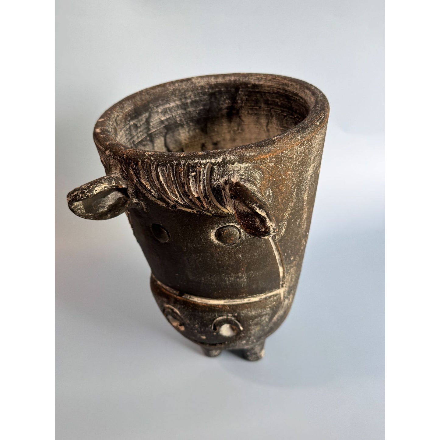 Handcrafted Volcanic Ash Cow Planter Rustic Black Distressed Finish Unique Animal Decor 9" x 6.5"
