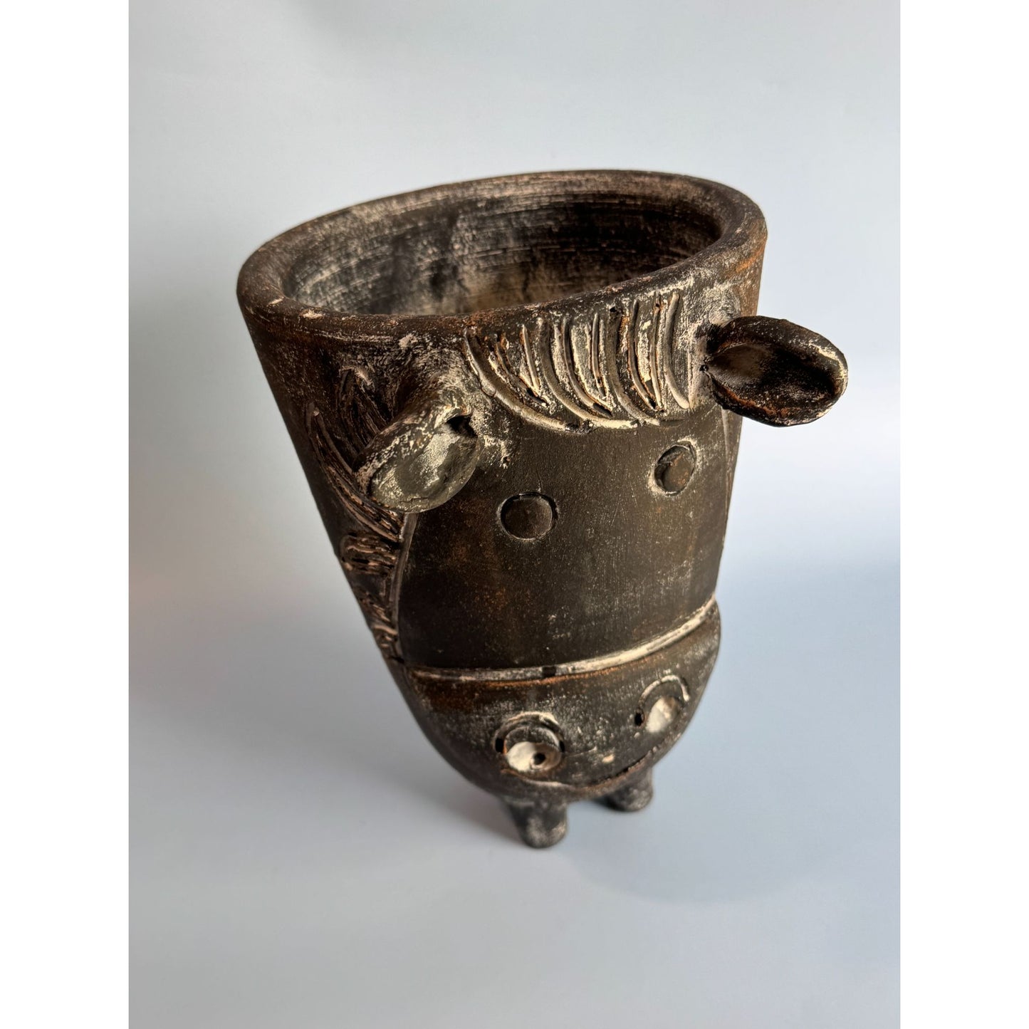 Handcrafted Volcanic Ash Cow Planter Rustic Black Distressed Finish Unique Animal Decor 9" x 6.5"