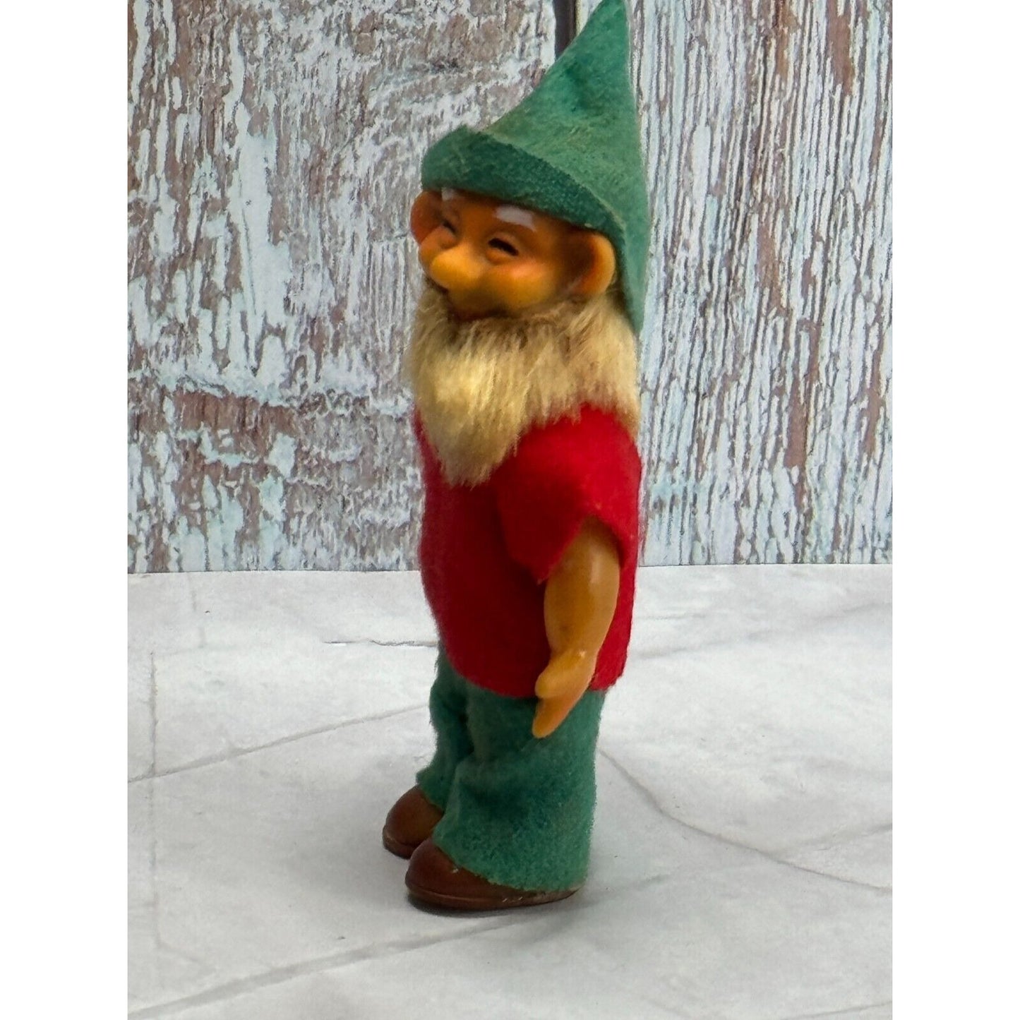 Vintage Plastic Chenille Gnome Elf with Articulated Head Arms Spun Cotton Beard