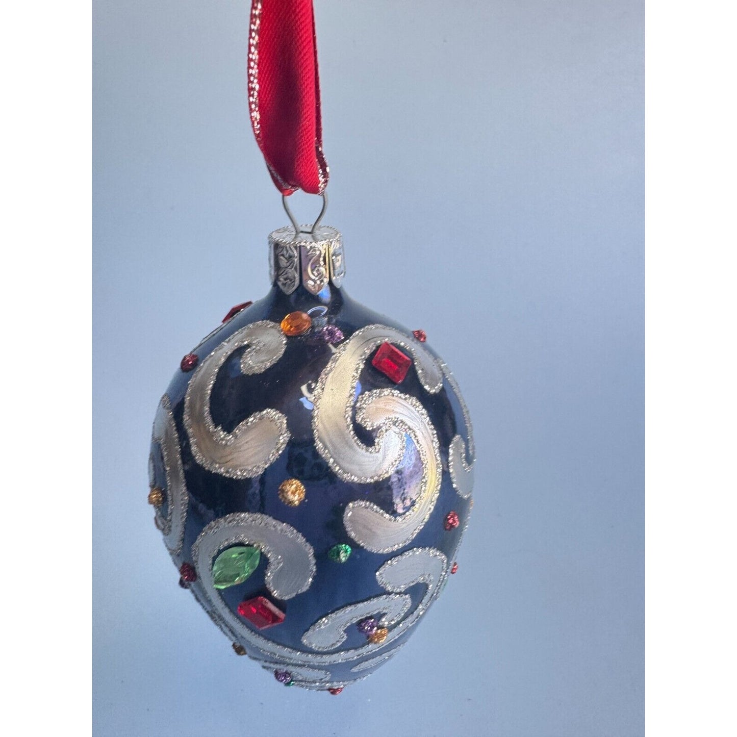 Waterford Sapphire Scroll Egg Jeweled Blown Glass Ornament Rare 1997 Handmade Collectible