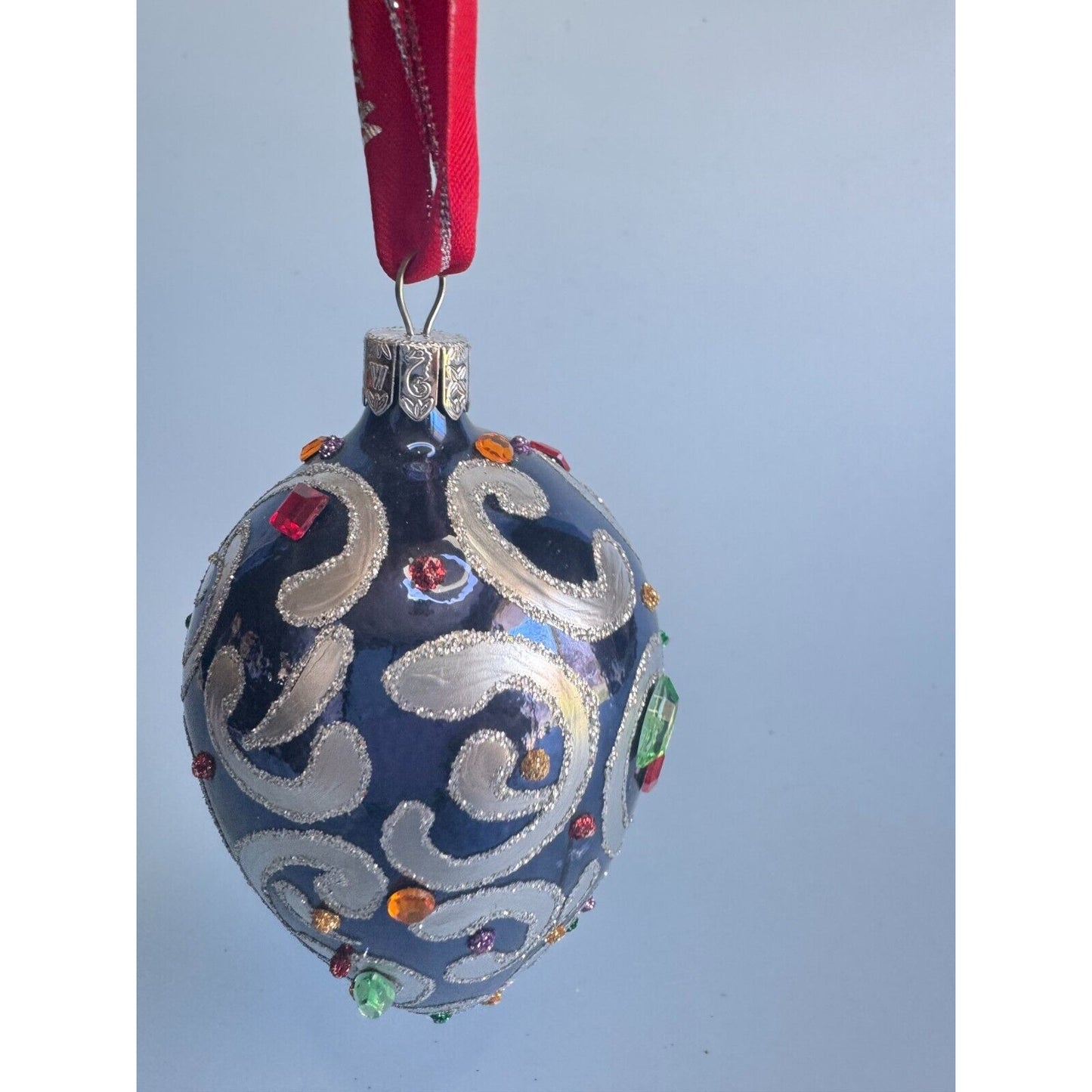 Waterford Sapphire Scroll Egg Jeweled Blown Glass Ornament Rare 1997 Handmade Collectible