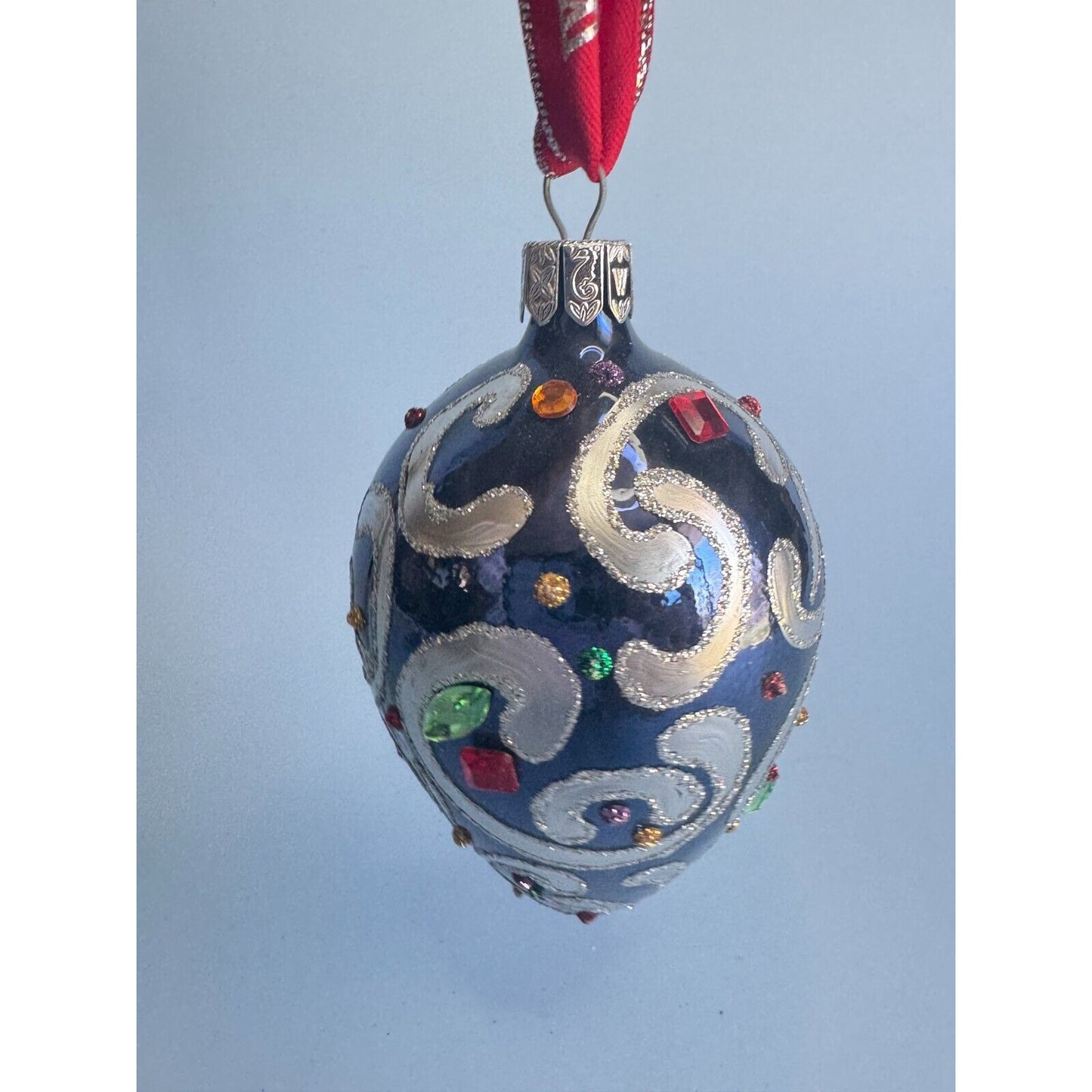Waterford Sapphire Scroll Egg Jeweled Blown Glass Ornament Rare 1997 Handmade Collectible