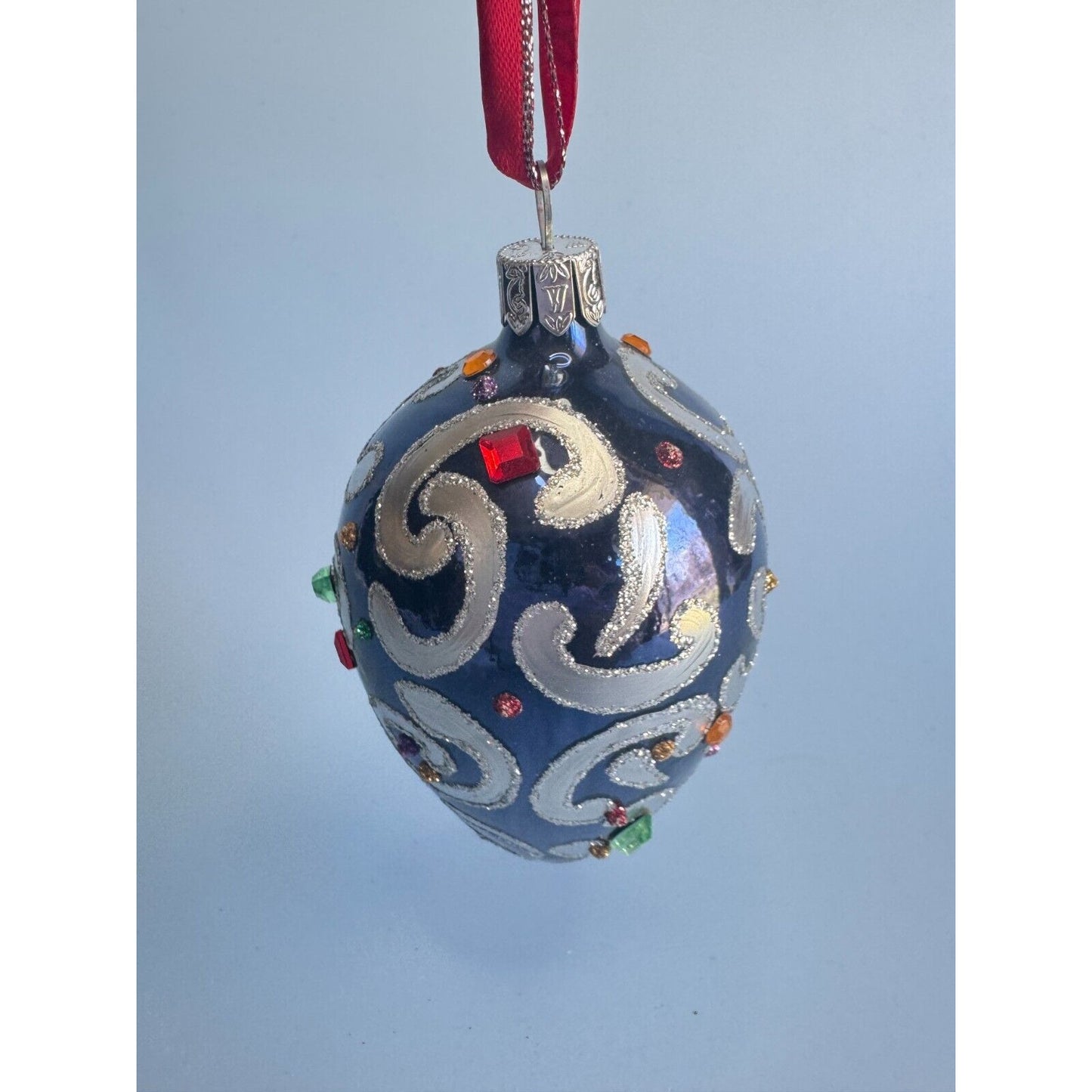 Waterford Sapphire Scroll Egg Jeweled Blown Glass Ornament Rare 1997 Handmade Collectible