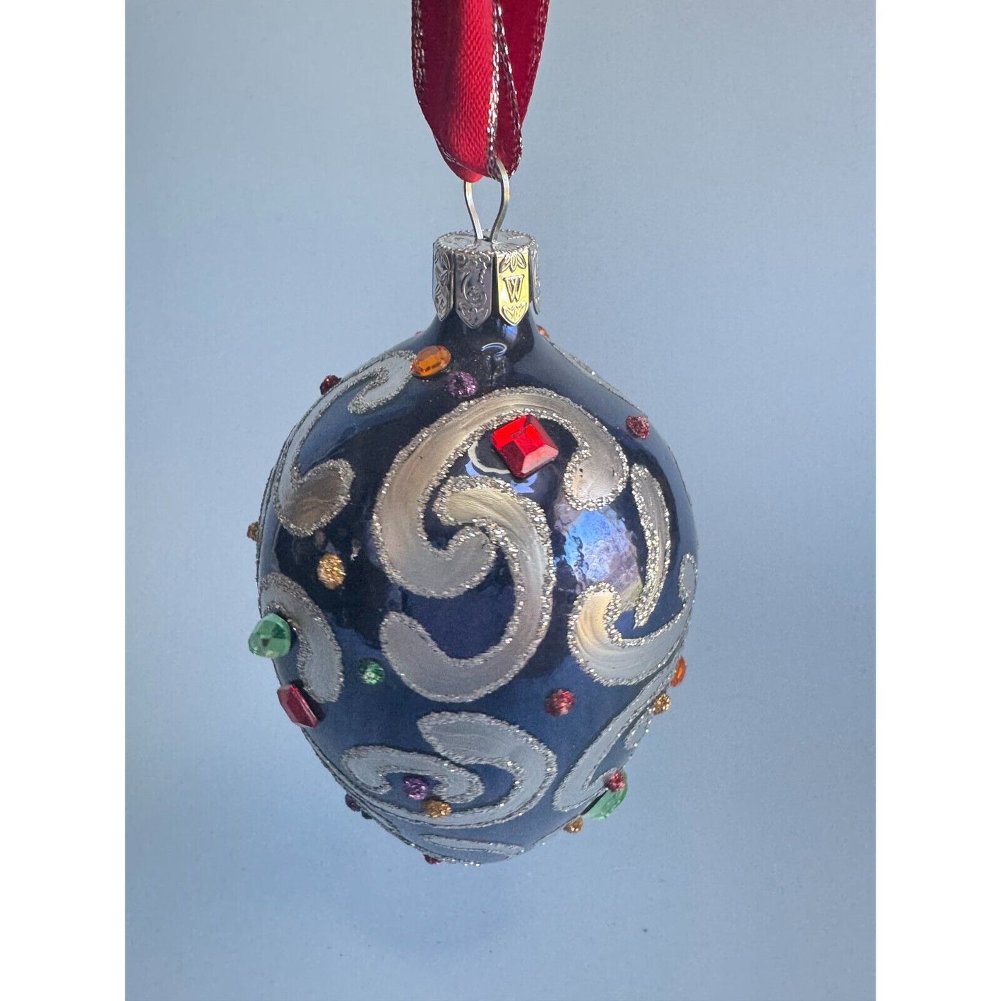 Waterford Sapphire Scroll Egg Jeweled Blown Glass Ornament Rare 1997 Handmade Collectible